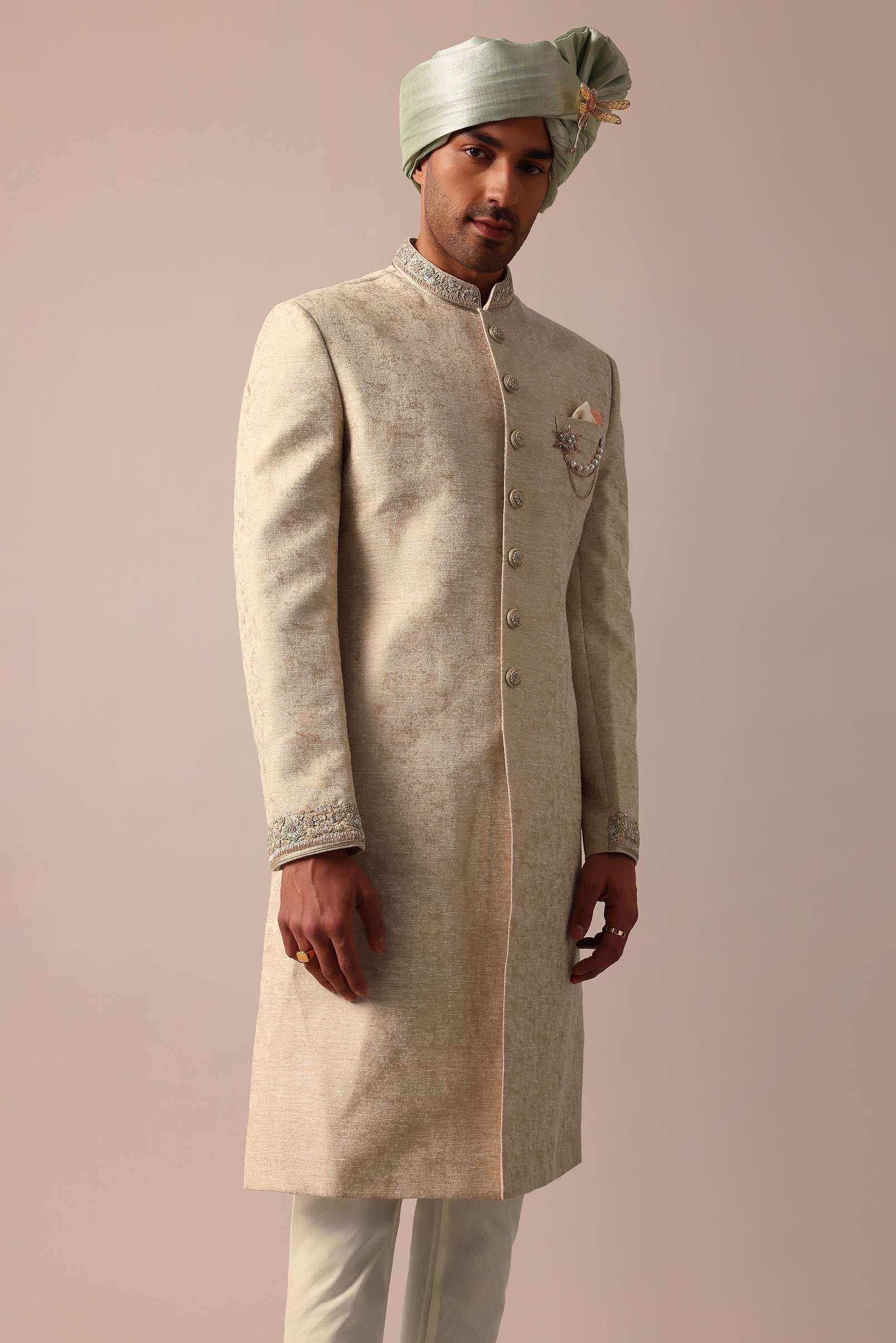 Golden Sherwani Set With Exquisite Embroidery Work - Image 5