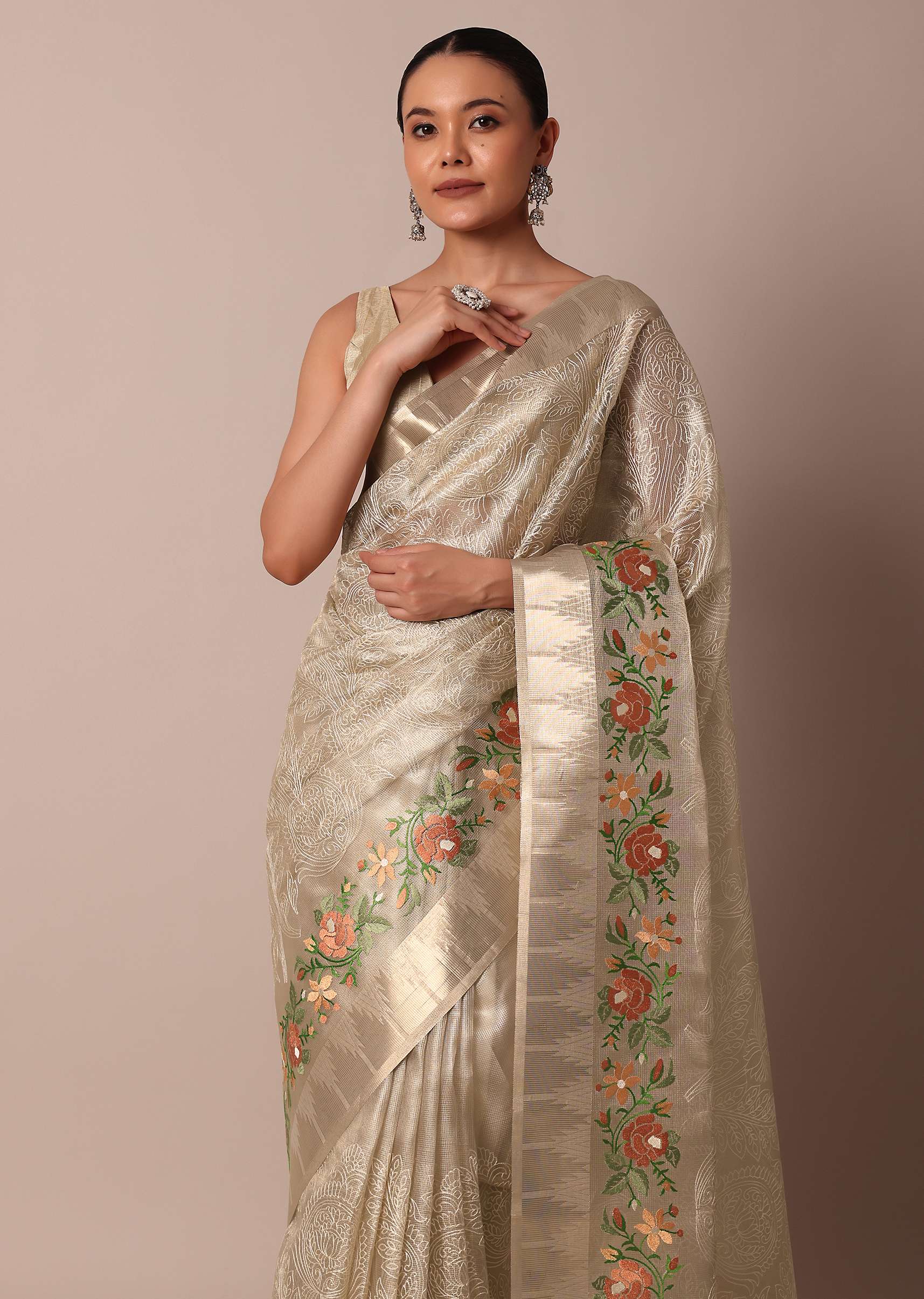 Golden Silk Saree With Exquisite Resham Thread Butti Work - Image 2