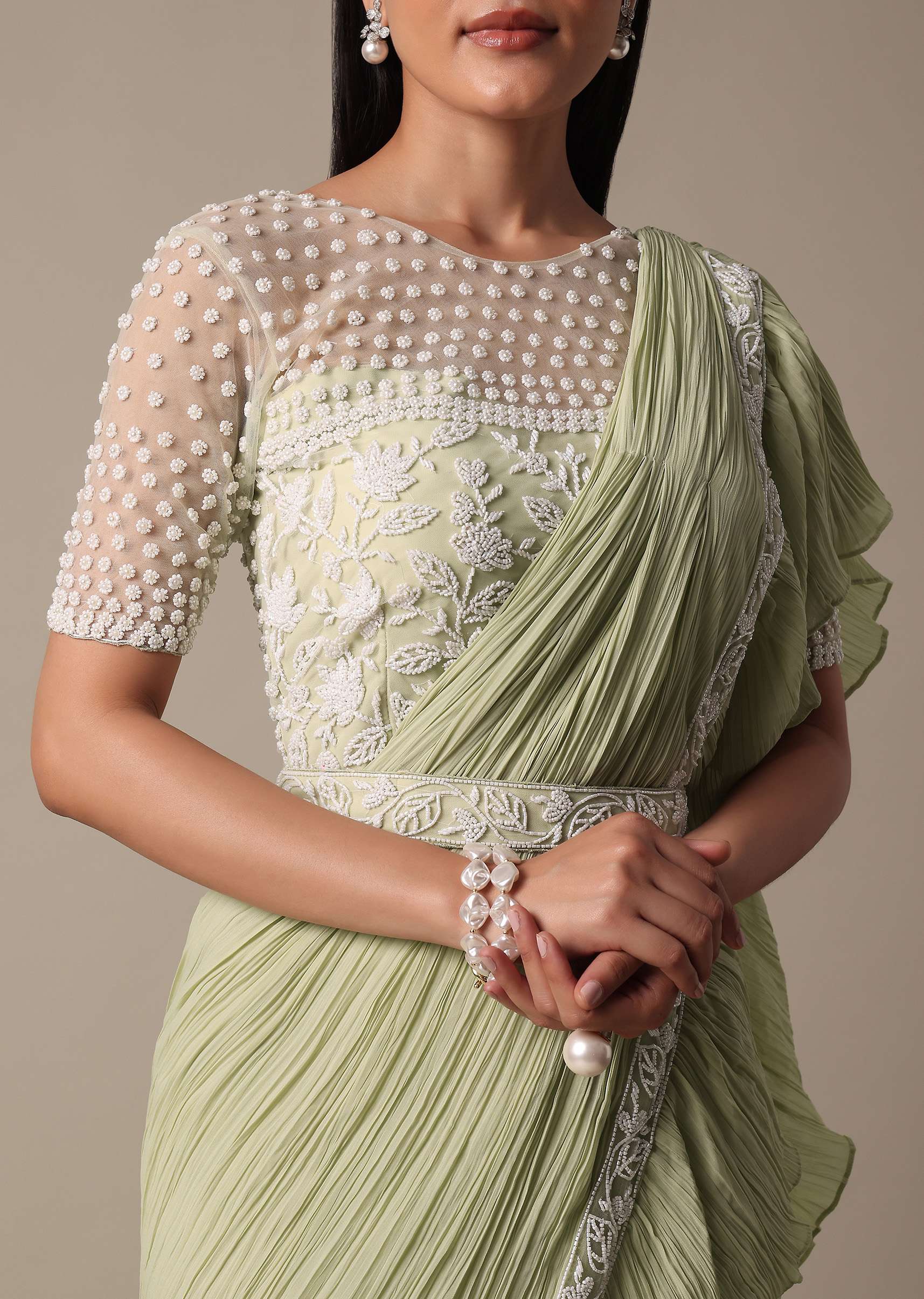 Graceful Green Pleated Saree With Ready Made Blouse - Image 2