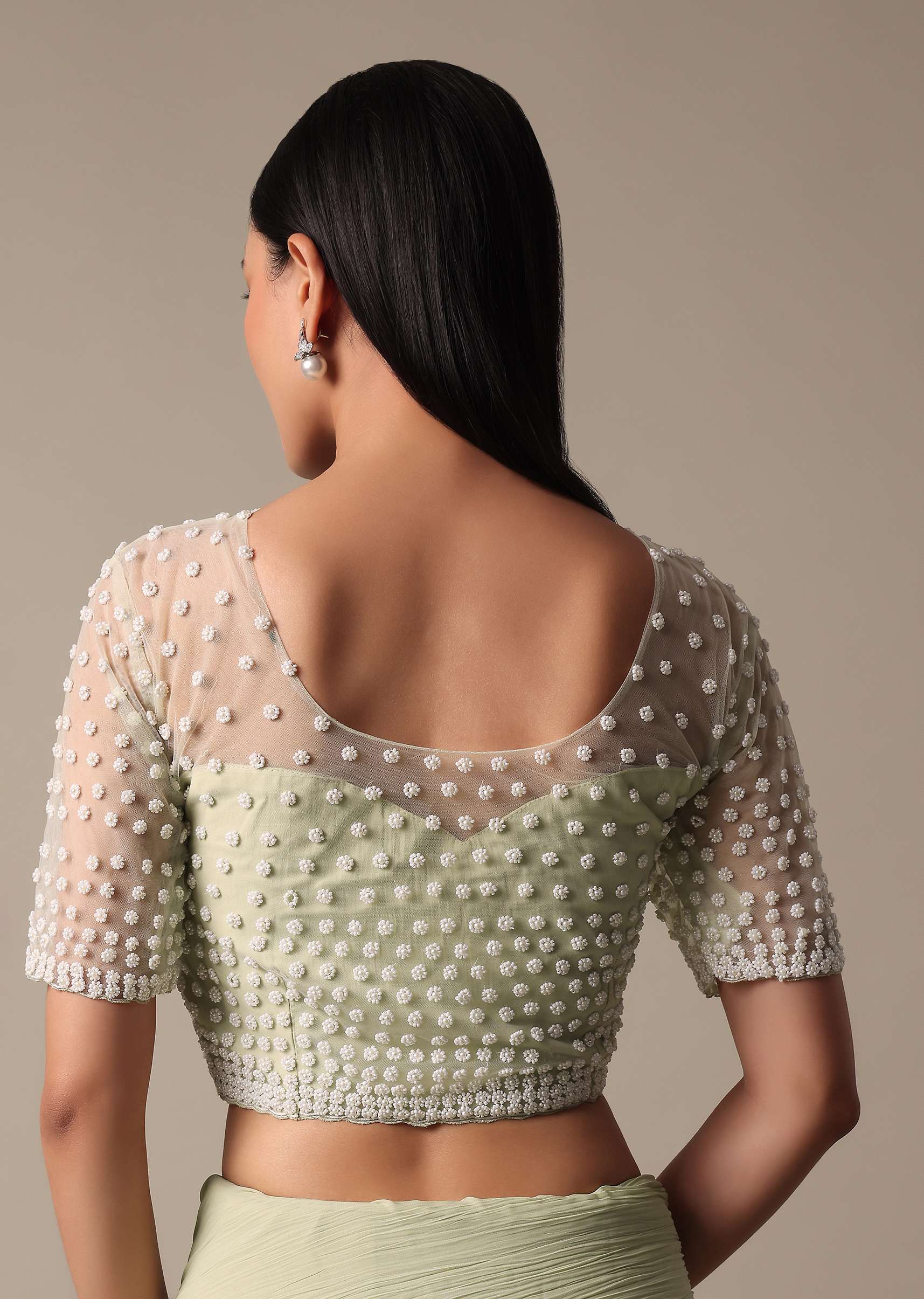 Graceful Green Pleated Saree With Ready Made Blouse - Image 7