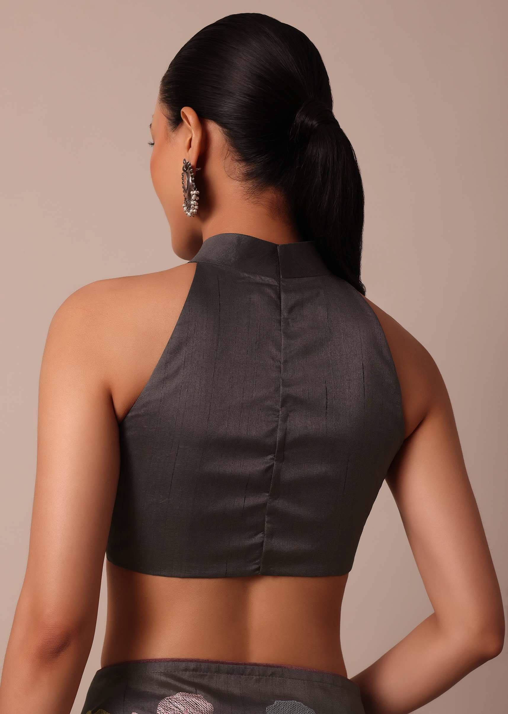 Graceful Grey Saree With Exquisite Thread Resham Work - Image 8
