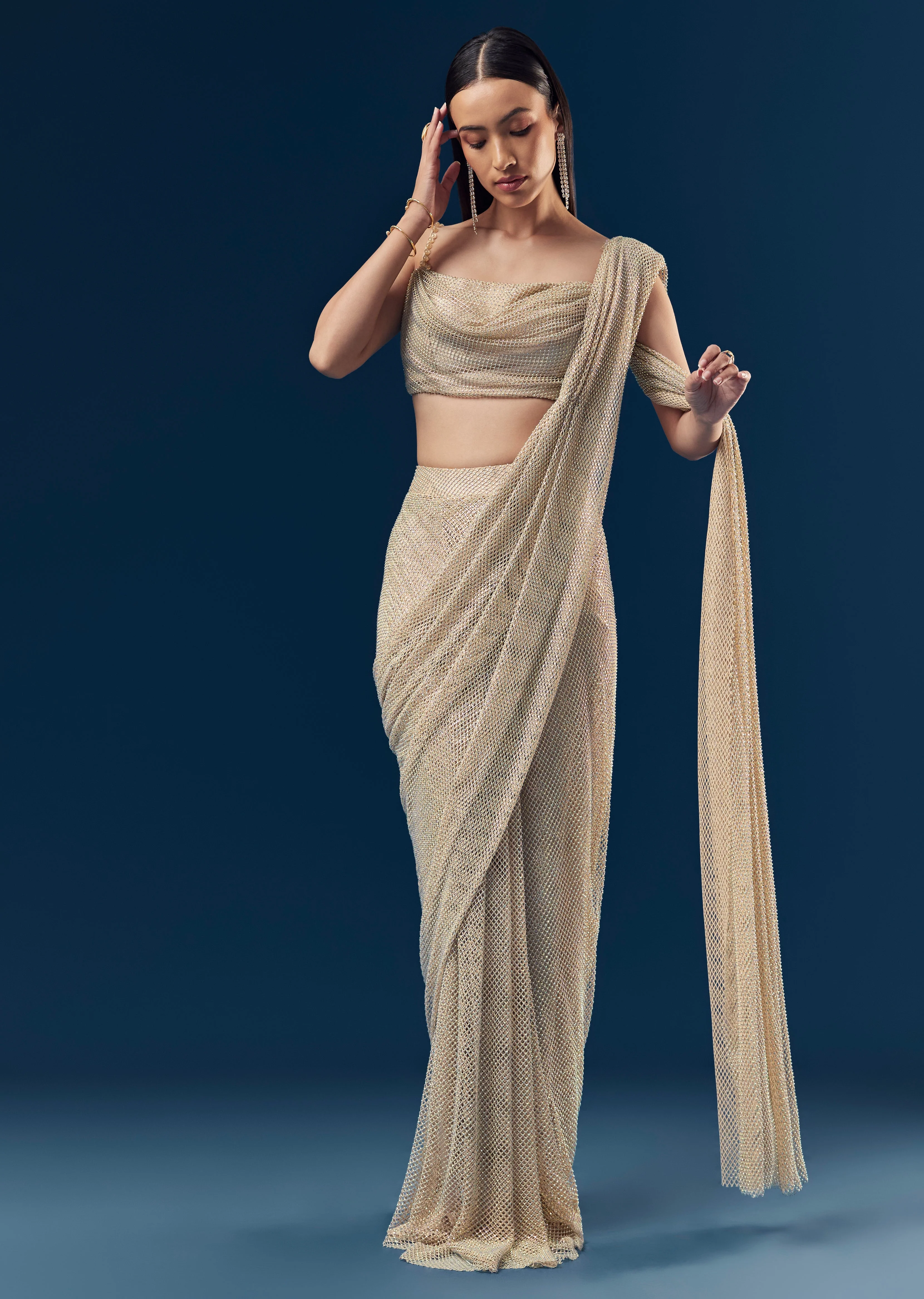 Grand Celebration Couple Set – Gold Ready-Pleated Satin Saree with Stone Detailing for Her And Beige Embroidered Kurta Jacket Set for Him - Image 3