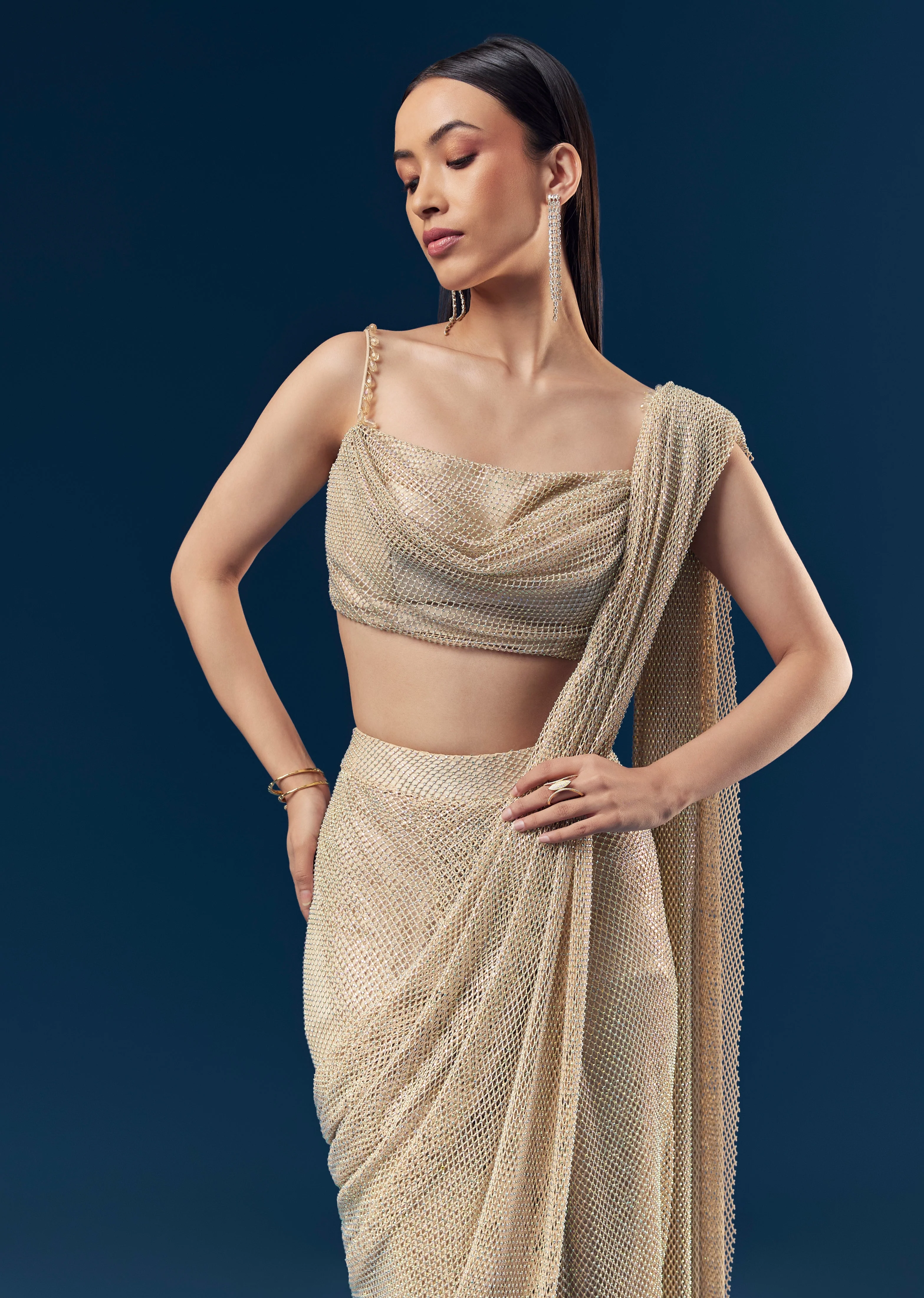 Grand Celebration Couple Set – Gold Ready-Pleated Satin Saree with Stone Detailing for Her And Beige Embroidered Kurta Jacket Set for Him - Image 4