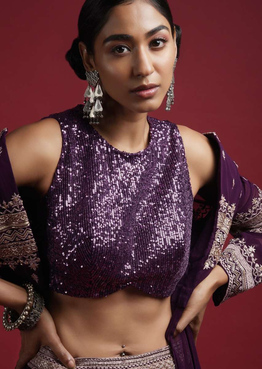Grape Purple Sleeveless Blouse Embellished In Sequins With Curved Hemline And Back Zip Closure Online - Kalki Fashion - Image 3