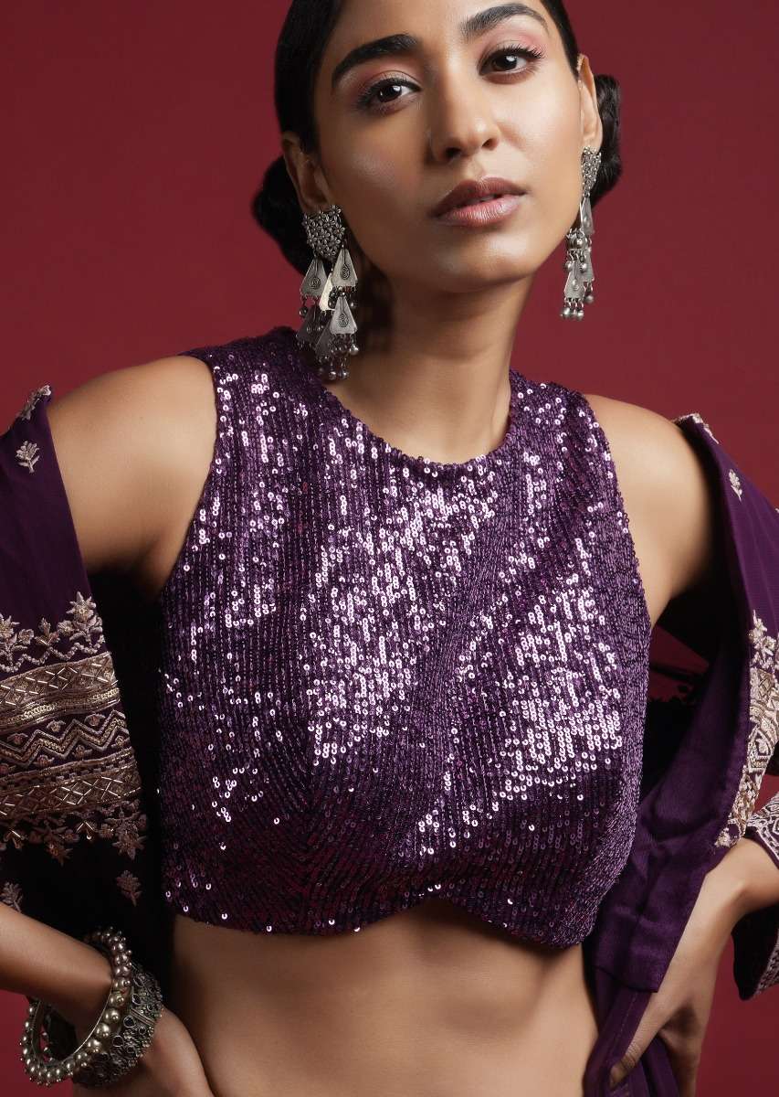 Grape Purple Sleeveless Blouse Embellished In Sequins With Curved Hemline And Back Zip Closure Online - Kalki Fashion - Image 4