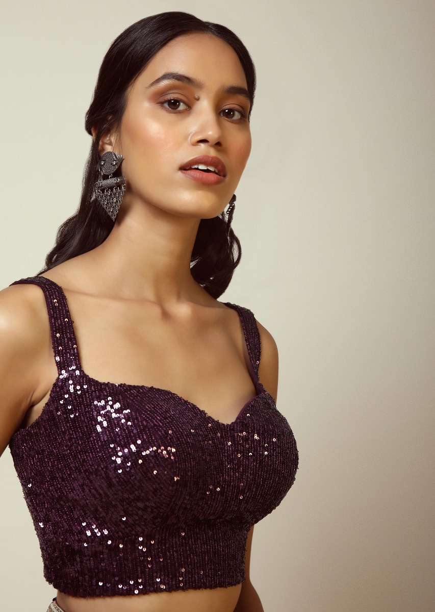 Grape Purple Sleeveless Blouse With Sweetheart Neckline And Heavily Embellished In Shimmering Sequins - Image 3