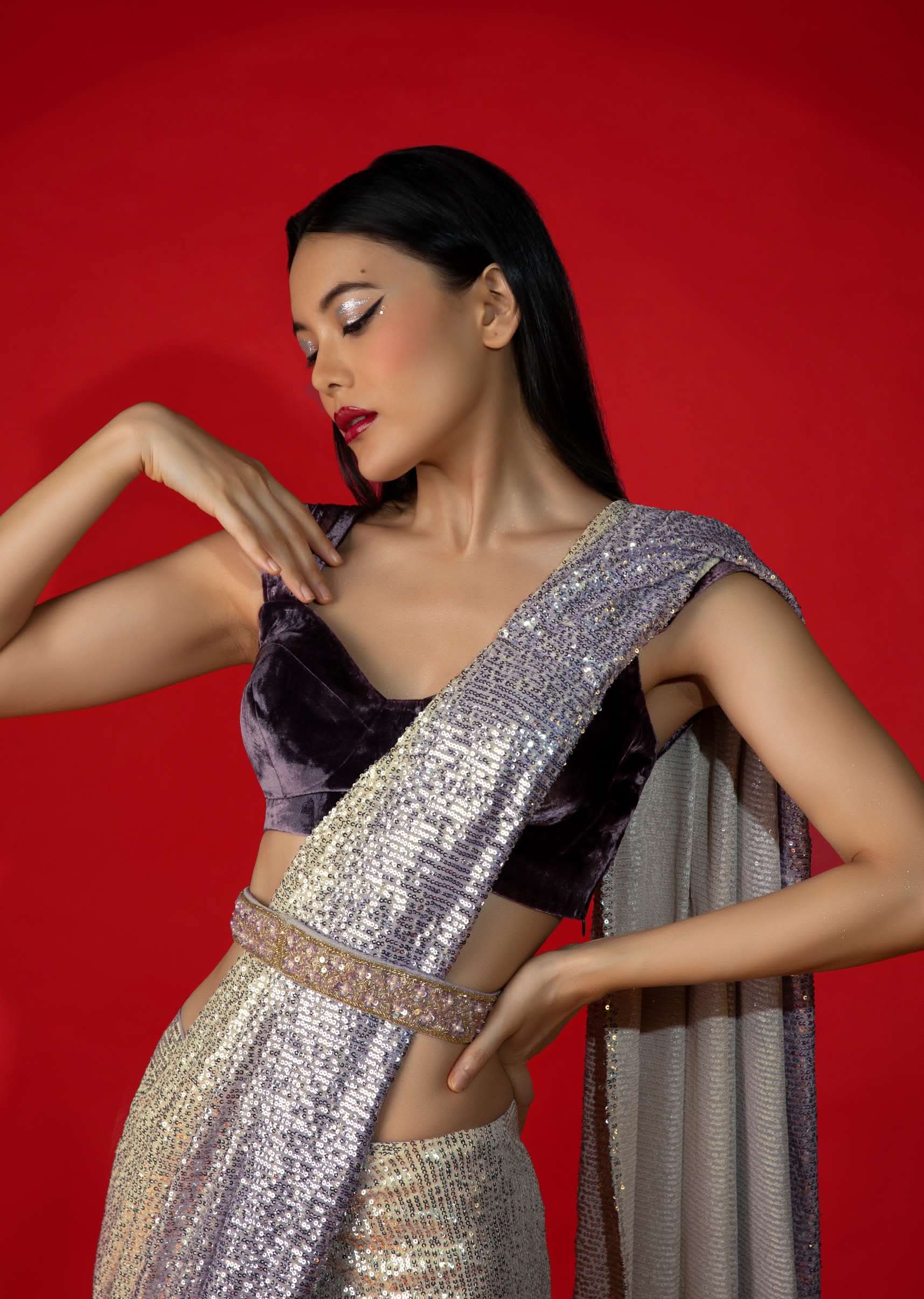 Grape Purple Velvet Blouse With Pleated Sleeves And Corset Neckline - Image 5