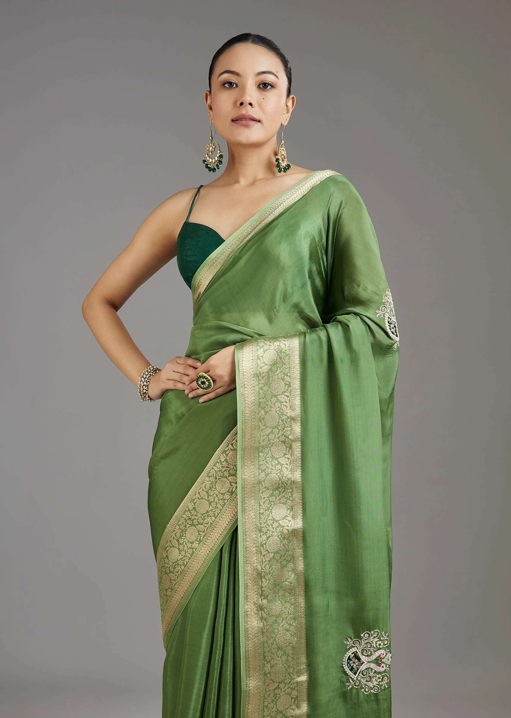 Grass Green Crepe Saree - Image 5