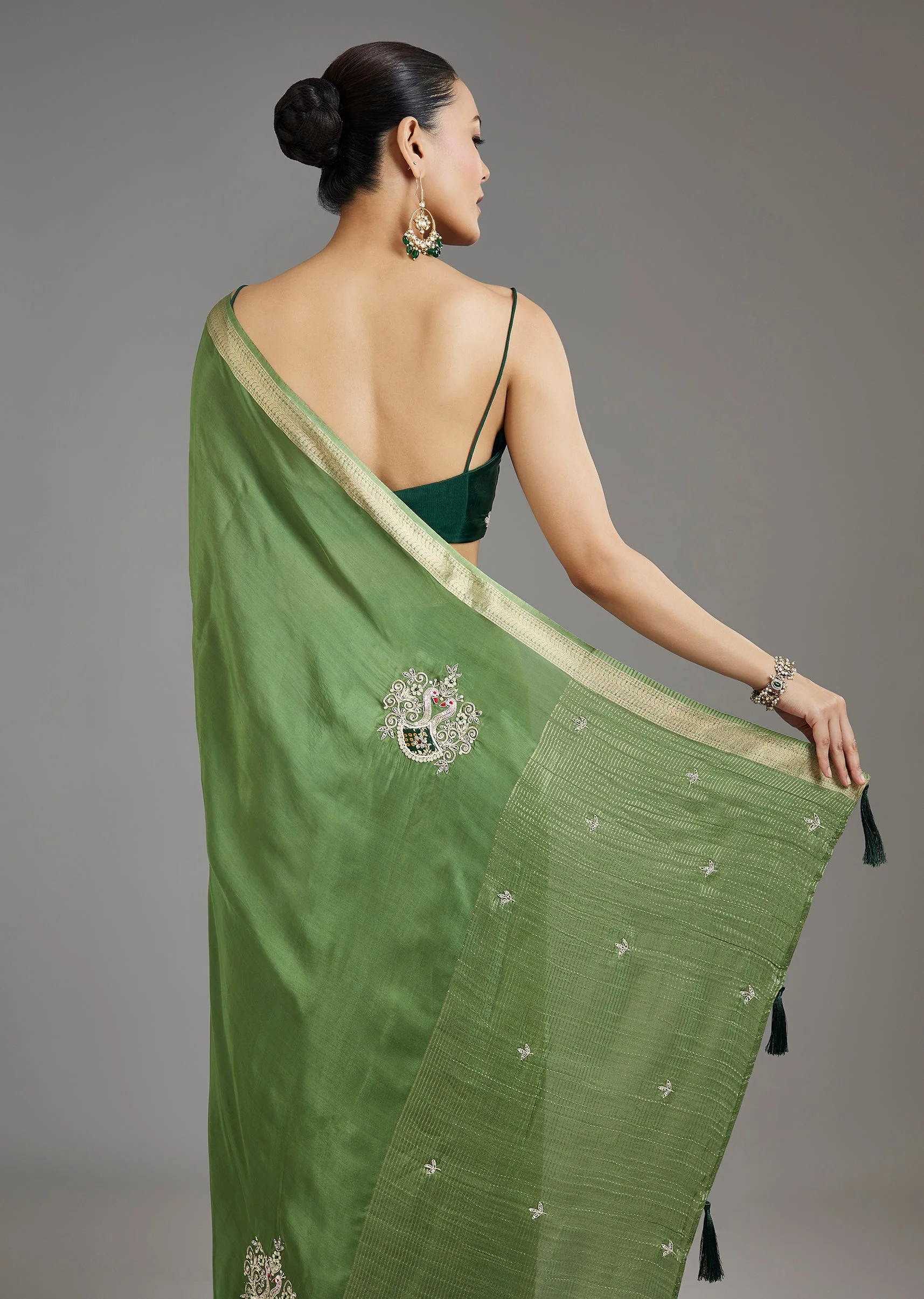Grass Green Crepe Saree - Image 6