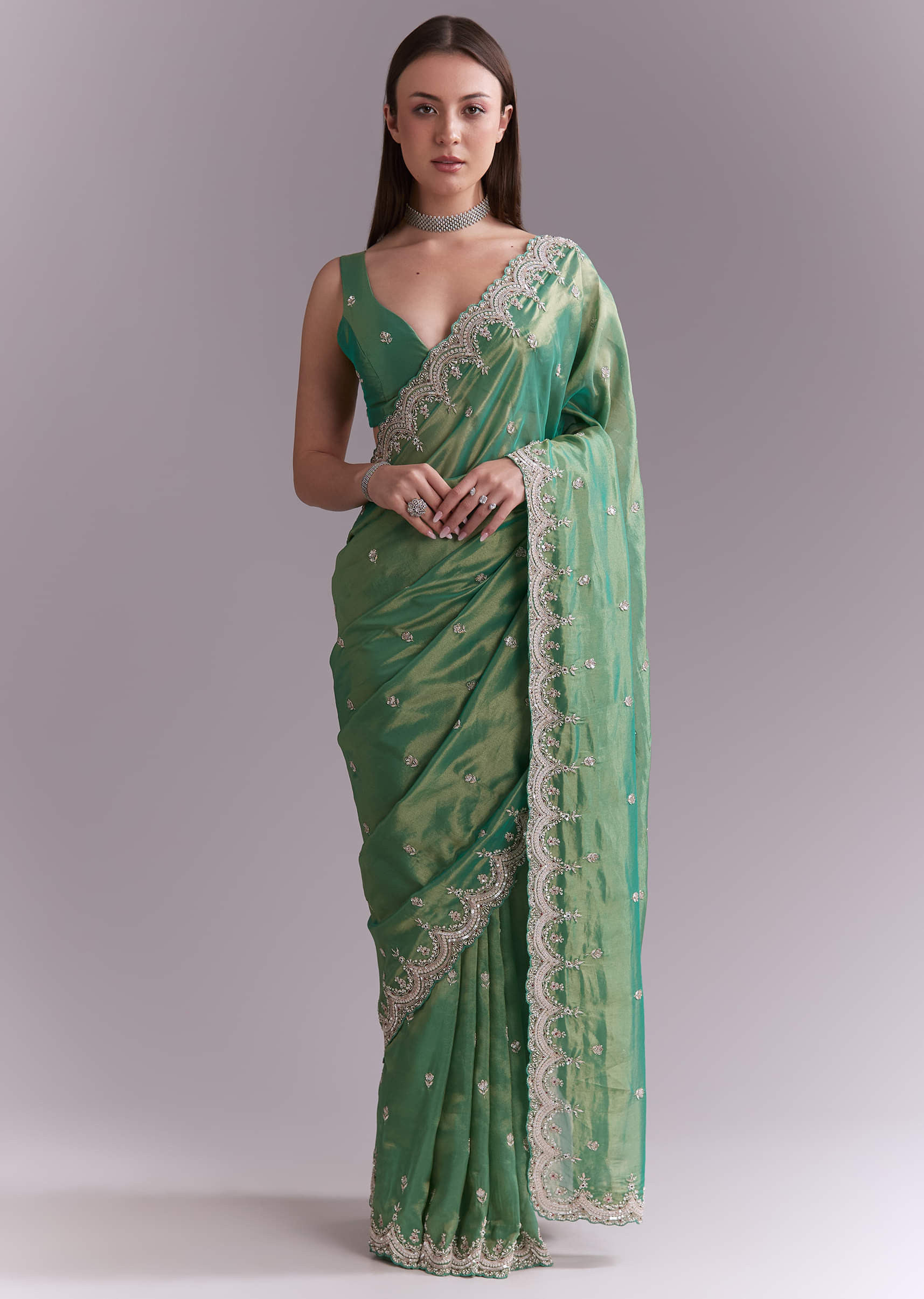 Grass Green Silk Saree With Heavy Hand Embroidery - Image 10