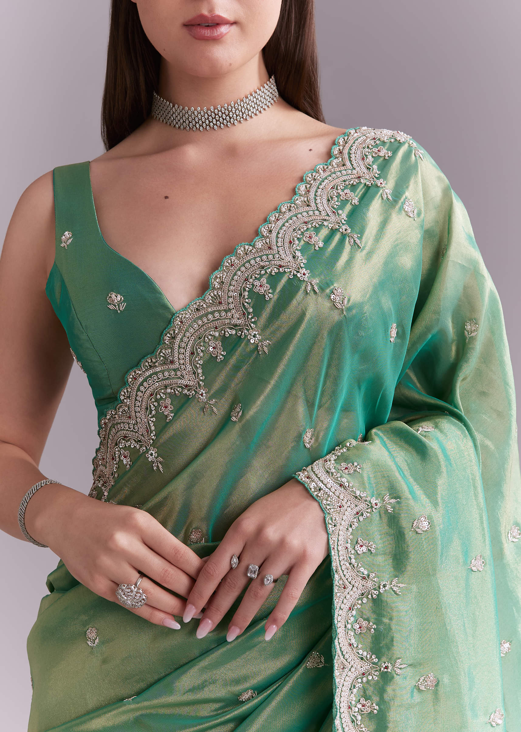 Grass Green Silk Saree With Heavy Hand Embroidery - Image 2