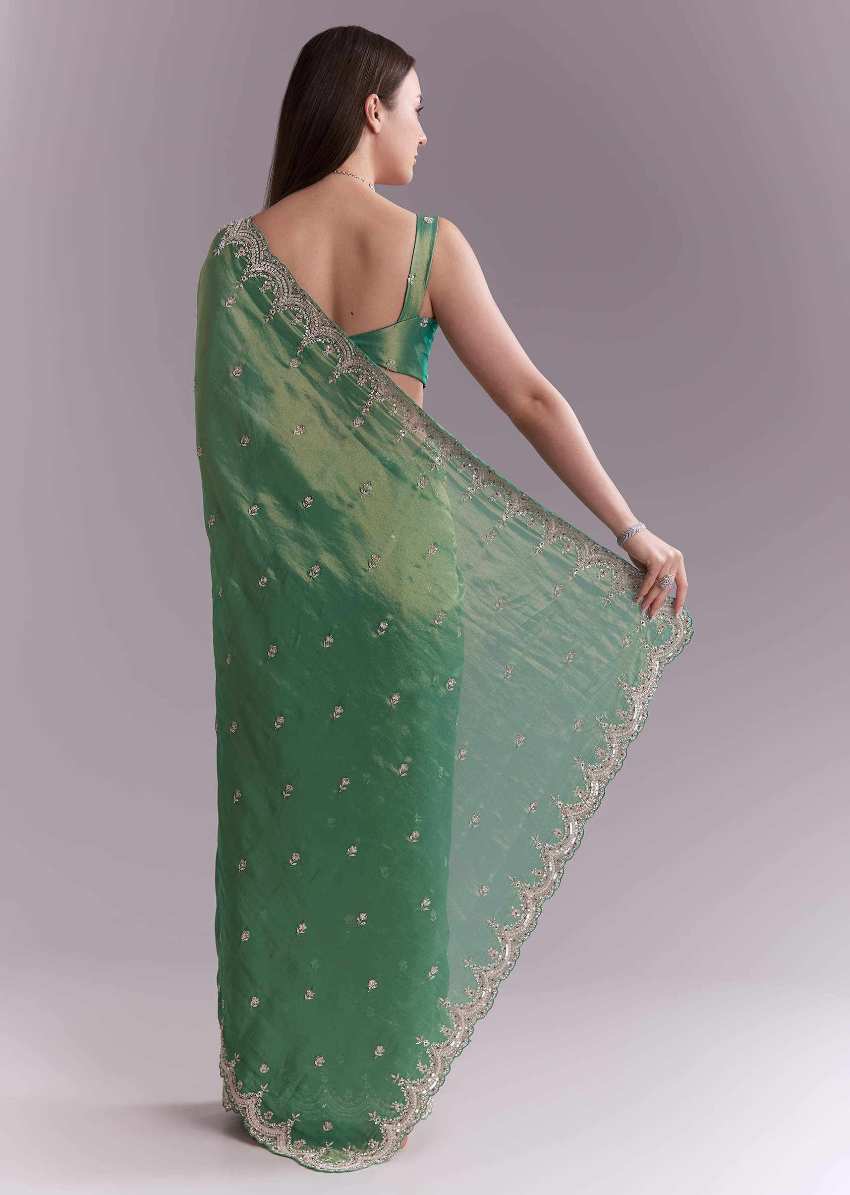 Grass Green Silk Saree With Heavy Hand Embroidery - Image 4