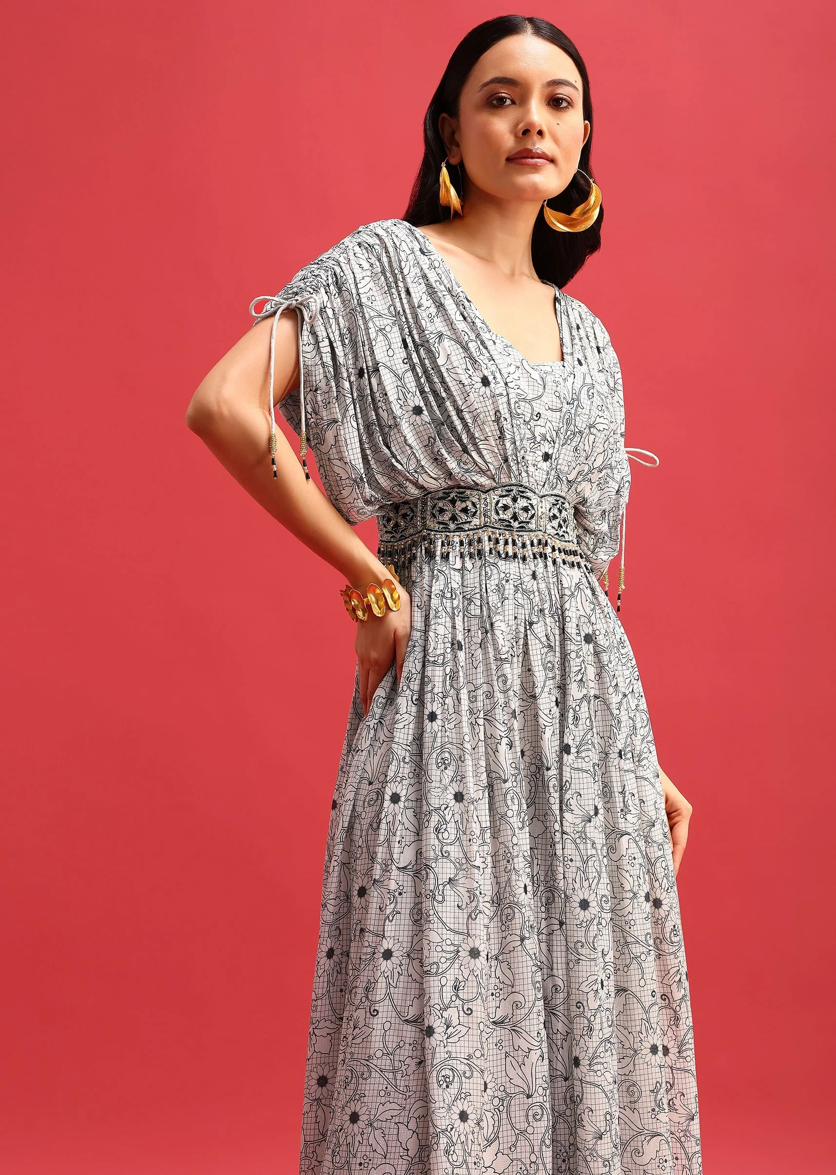 Gray Abstract Printed Jumpsuit With Resham Work - Image 2