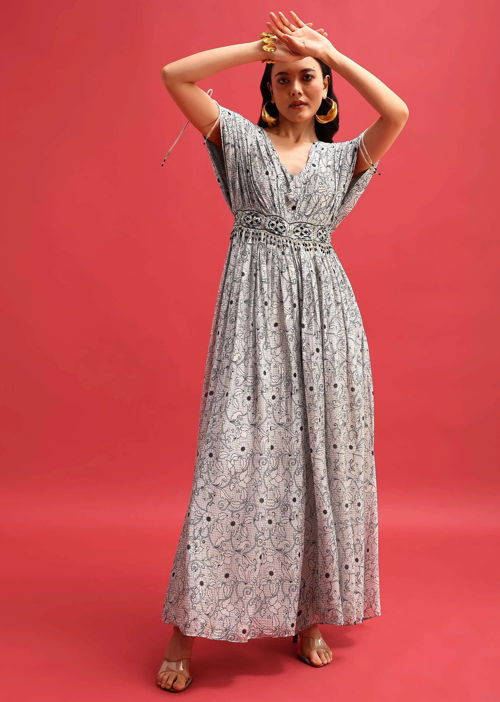 Gray Abstract Printed Jumpsuit With Resham Work - Image 3