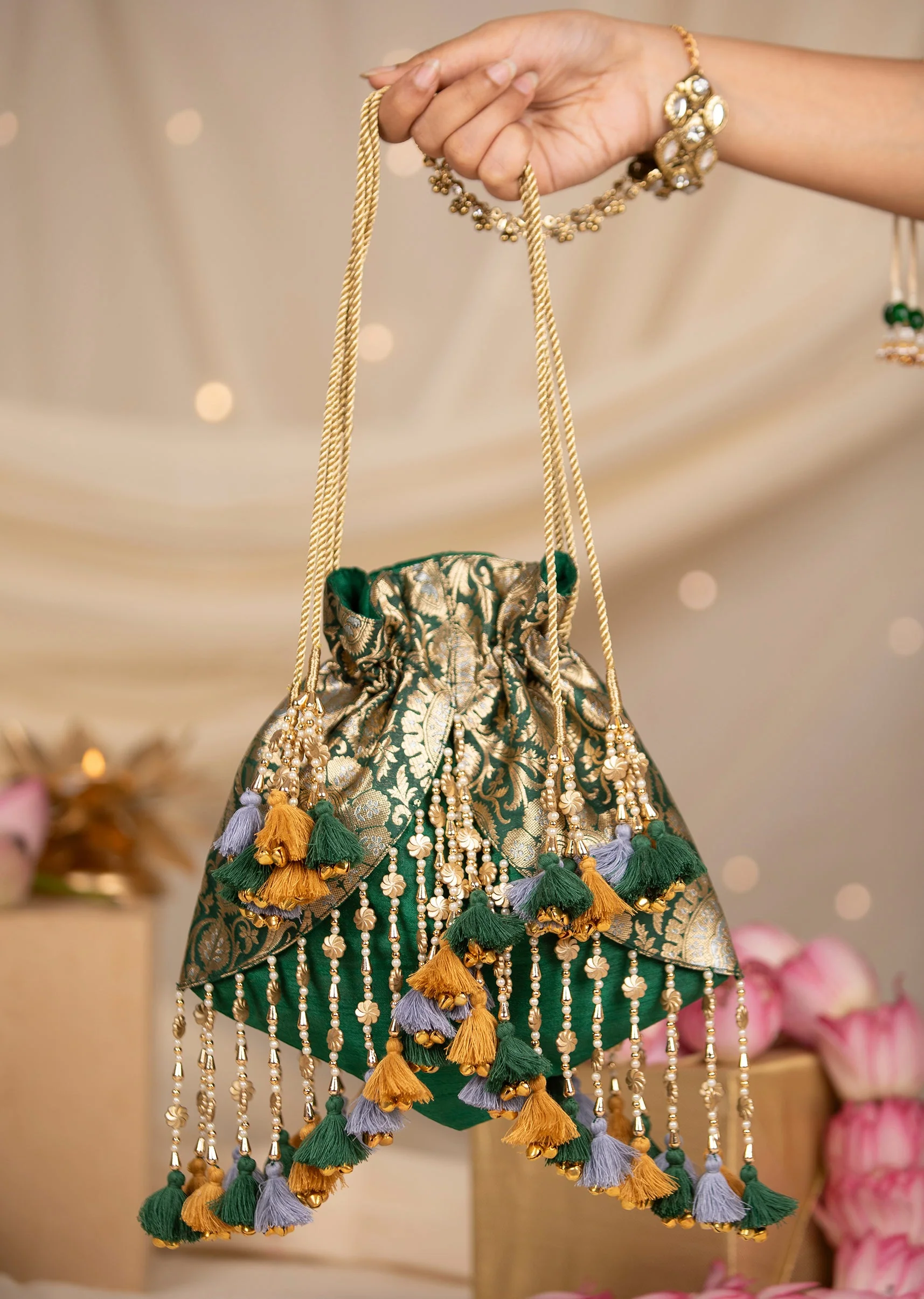 Green and Gold Embellished Tassel Potli Bag