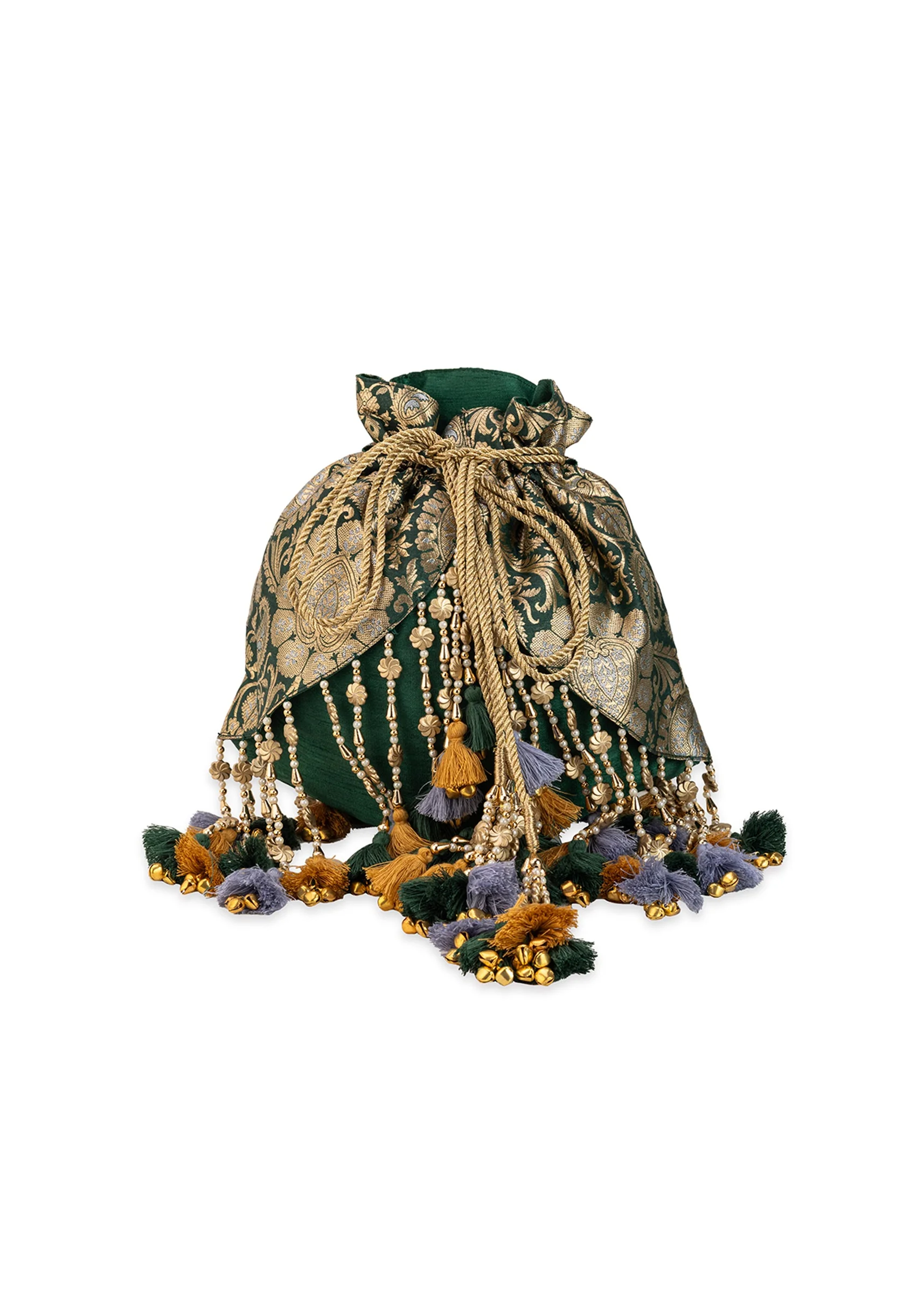 Green and Gold Embellished Tassel Potli Bag - Image 2
