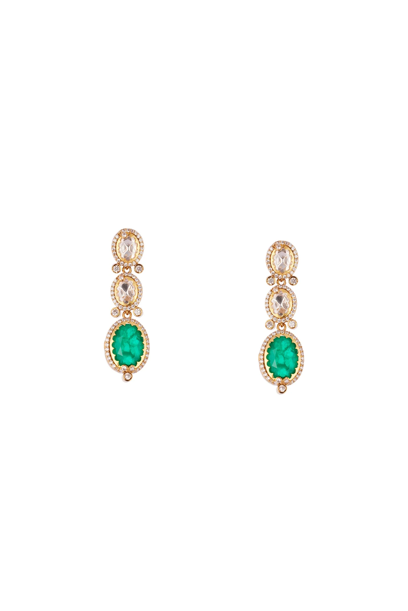 Green and Gold Finish Necklace Set In Polki With Emerald Accents - Image 4