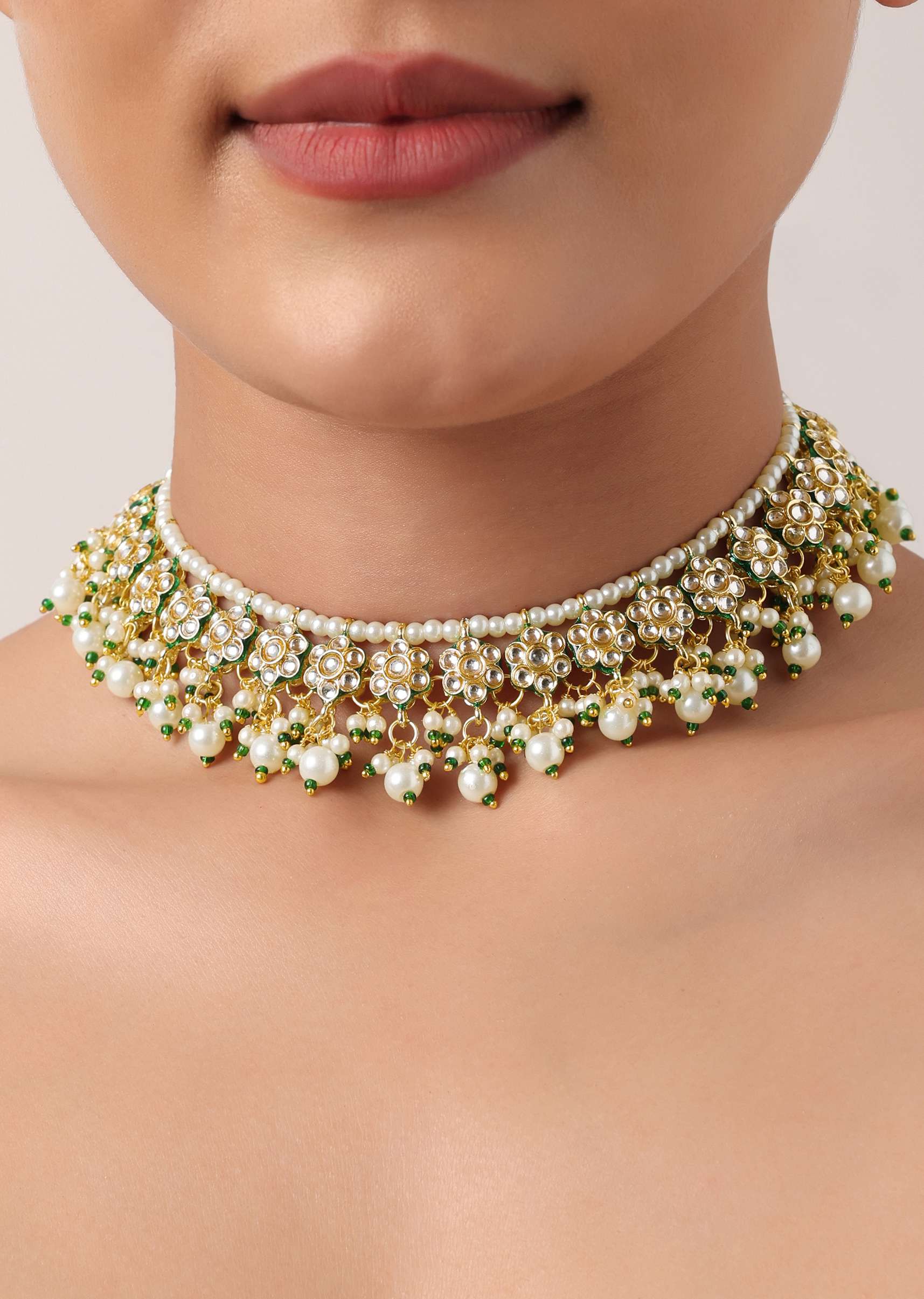Green And Gold Kundan Short Necklace Set - Image 5
