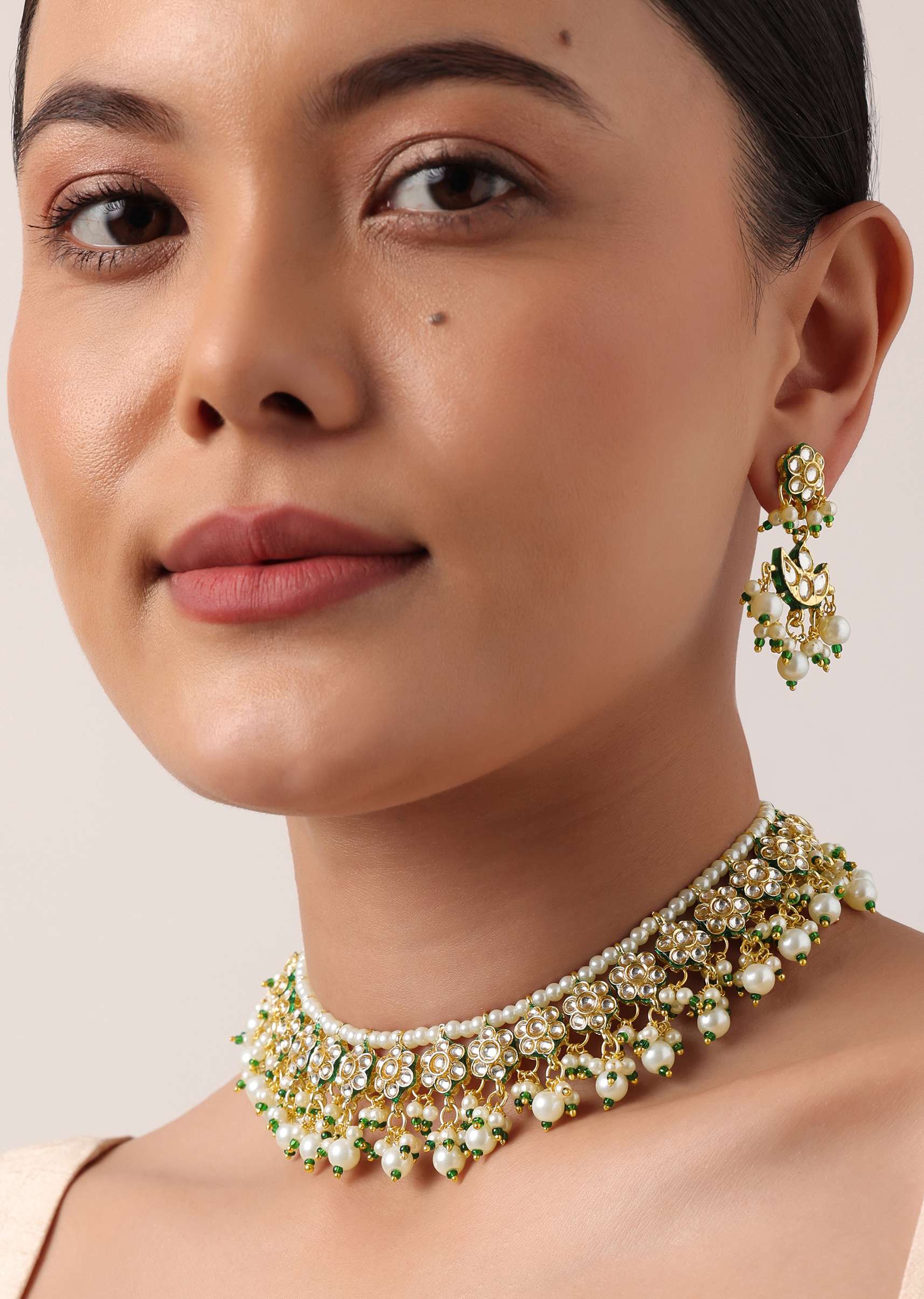Green And Gold Kundan Short Necklace Set - Image 6