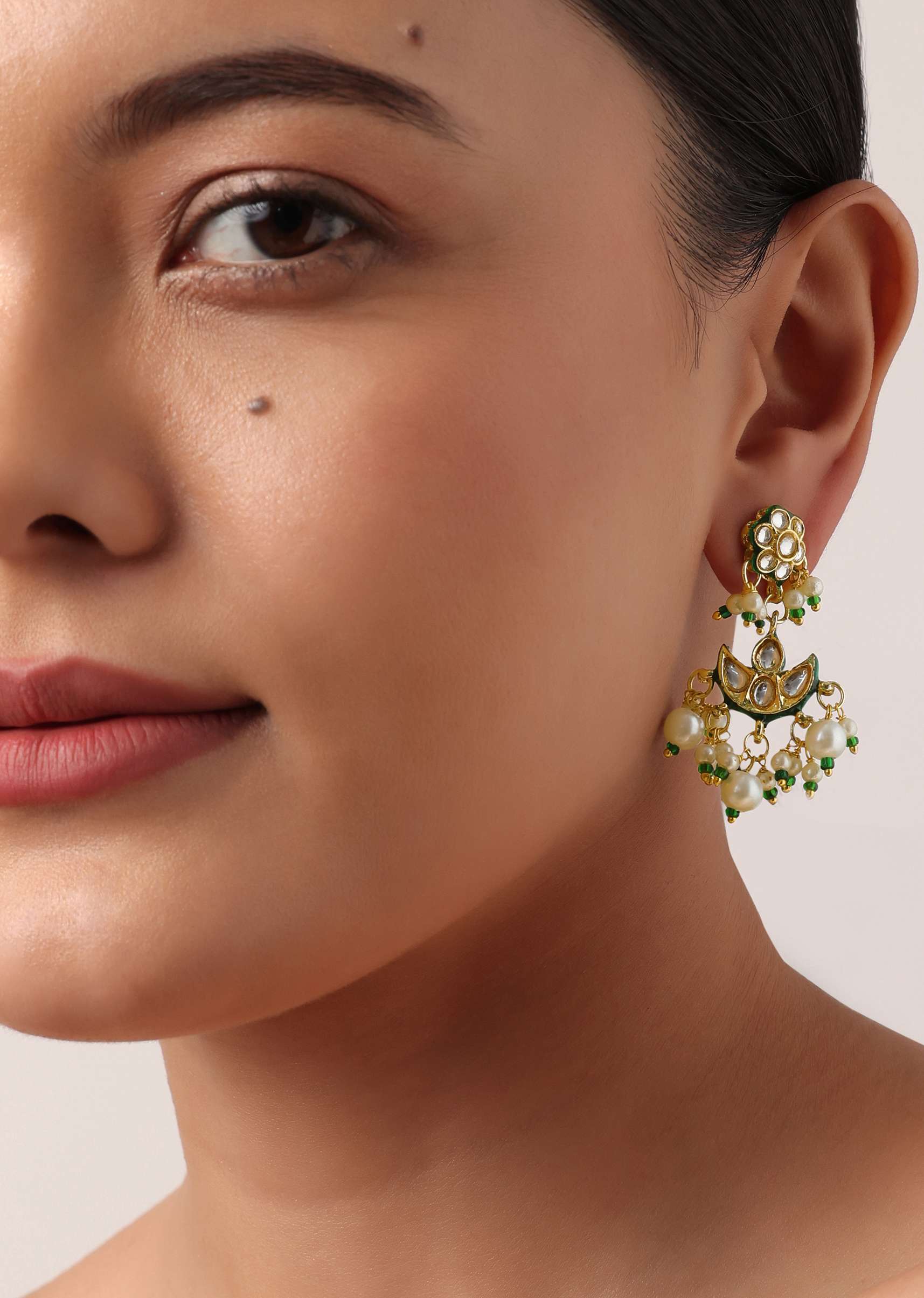 Green And Gold Kundan Short Necklace Set - Image 8