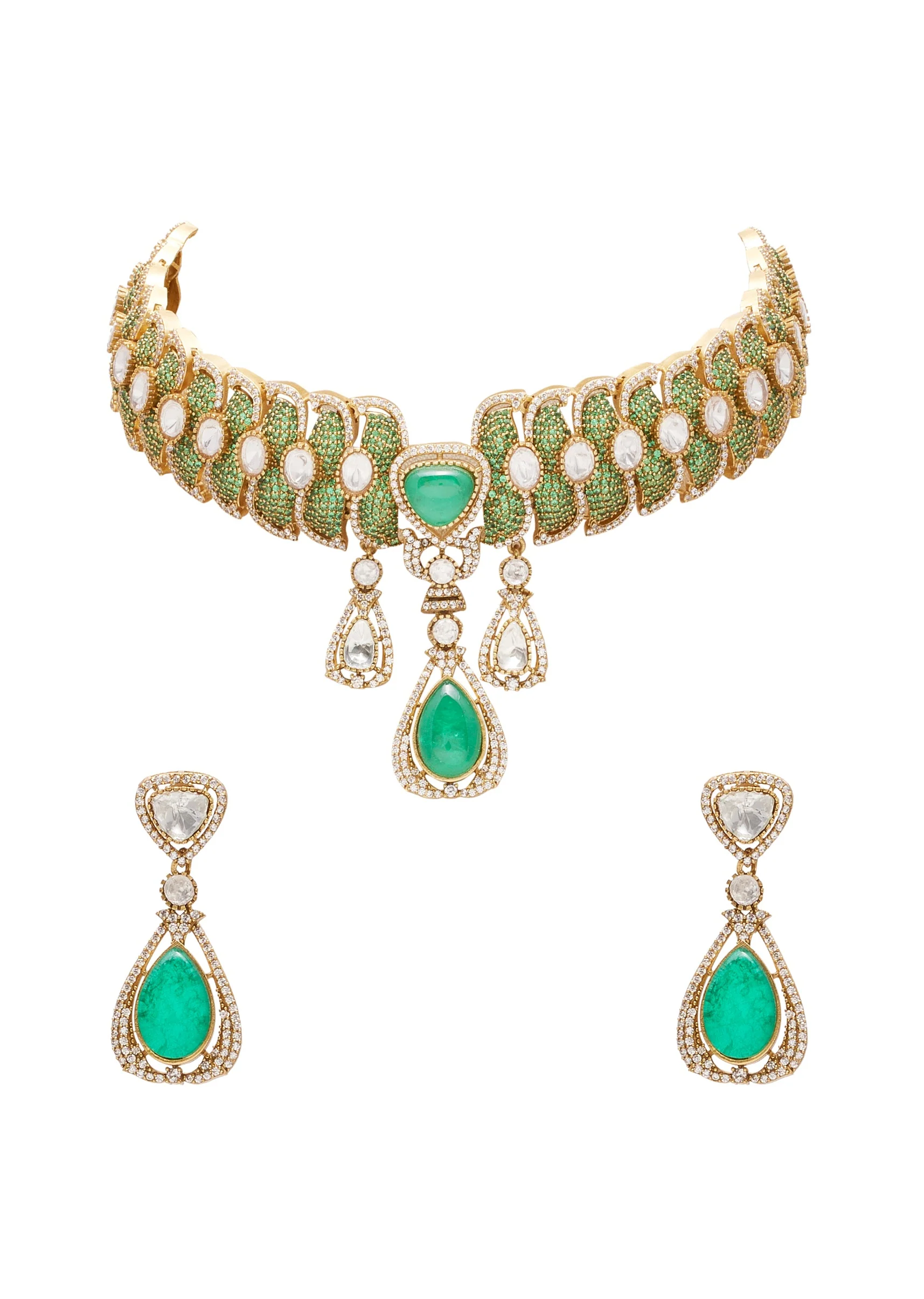 Green And Gold Teardrop Stone Pendant Necklace Set - Image 2