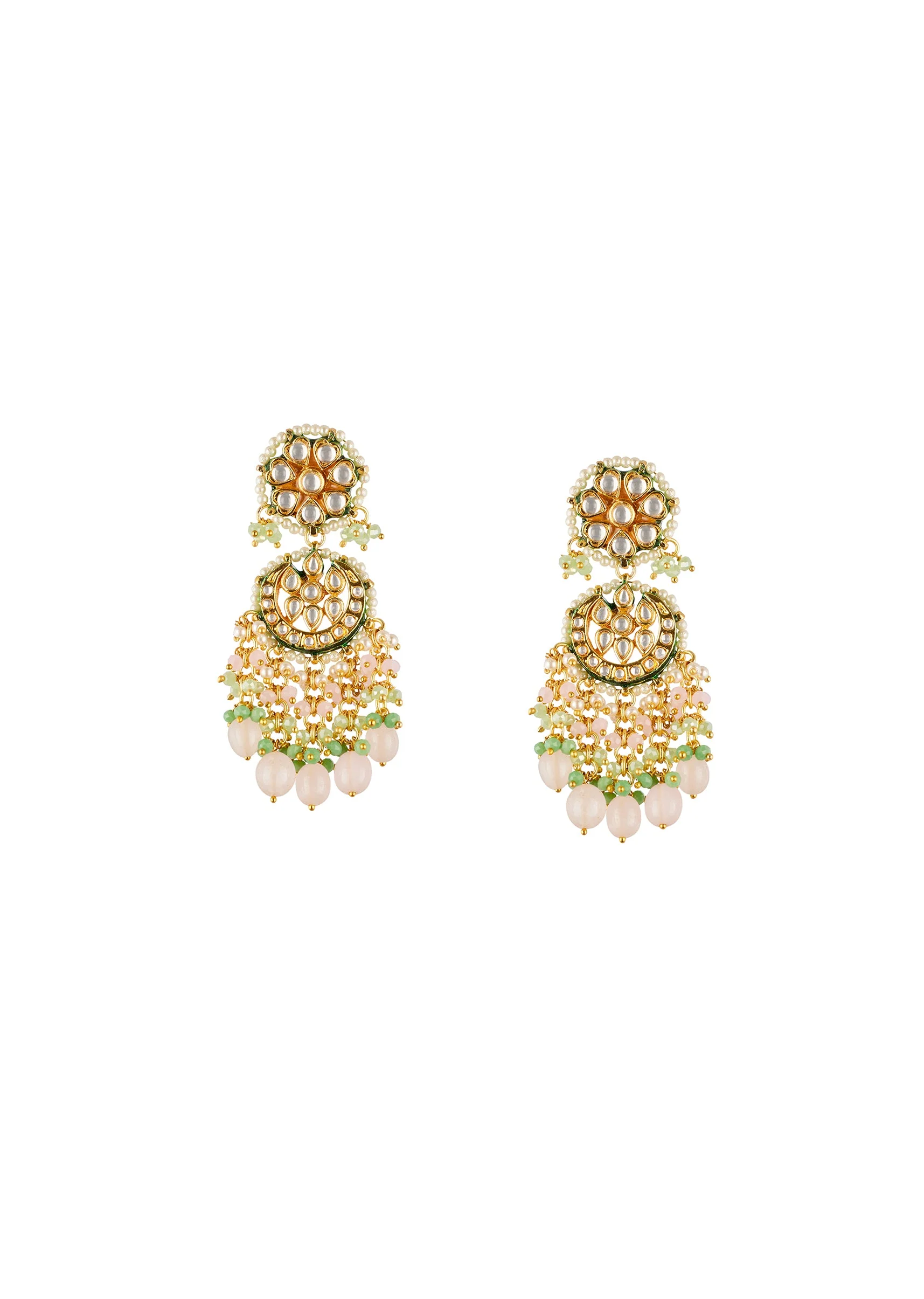 Green and Gold Traditional Kundan Chandbali Necklace Set with Faux Pearl - Image 3