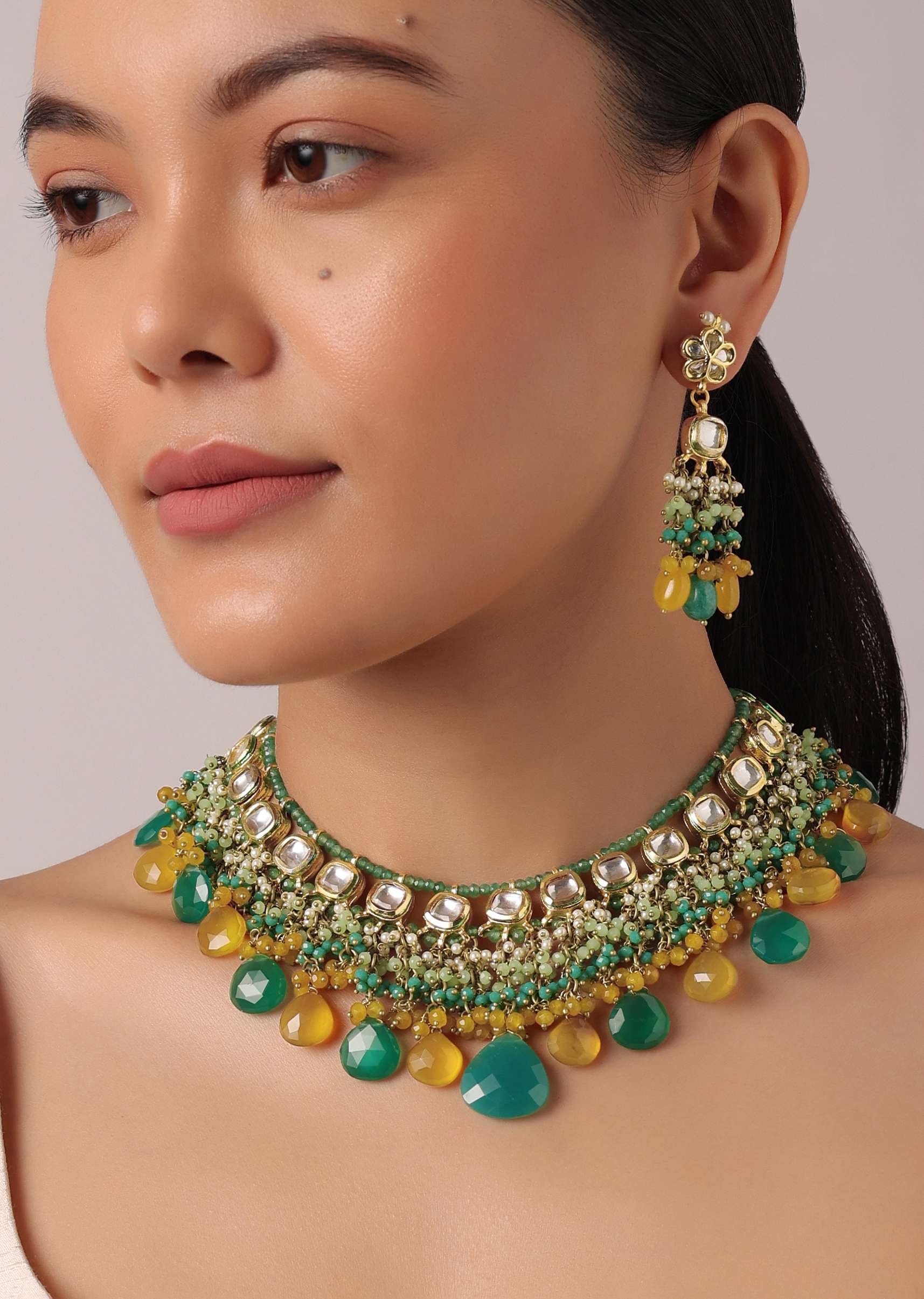 Green And Orange Necklace Set With Bead Drops And Studded Kundan Polki - Image 2
