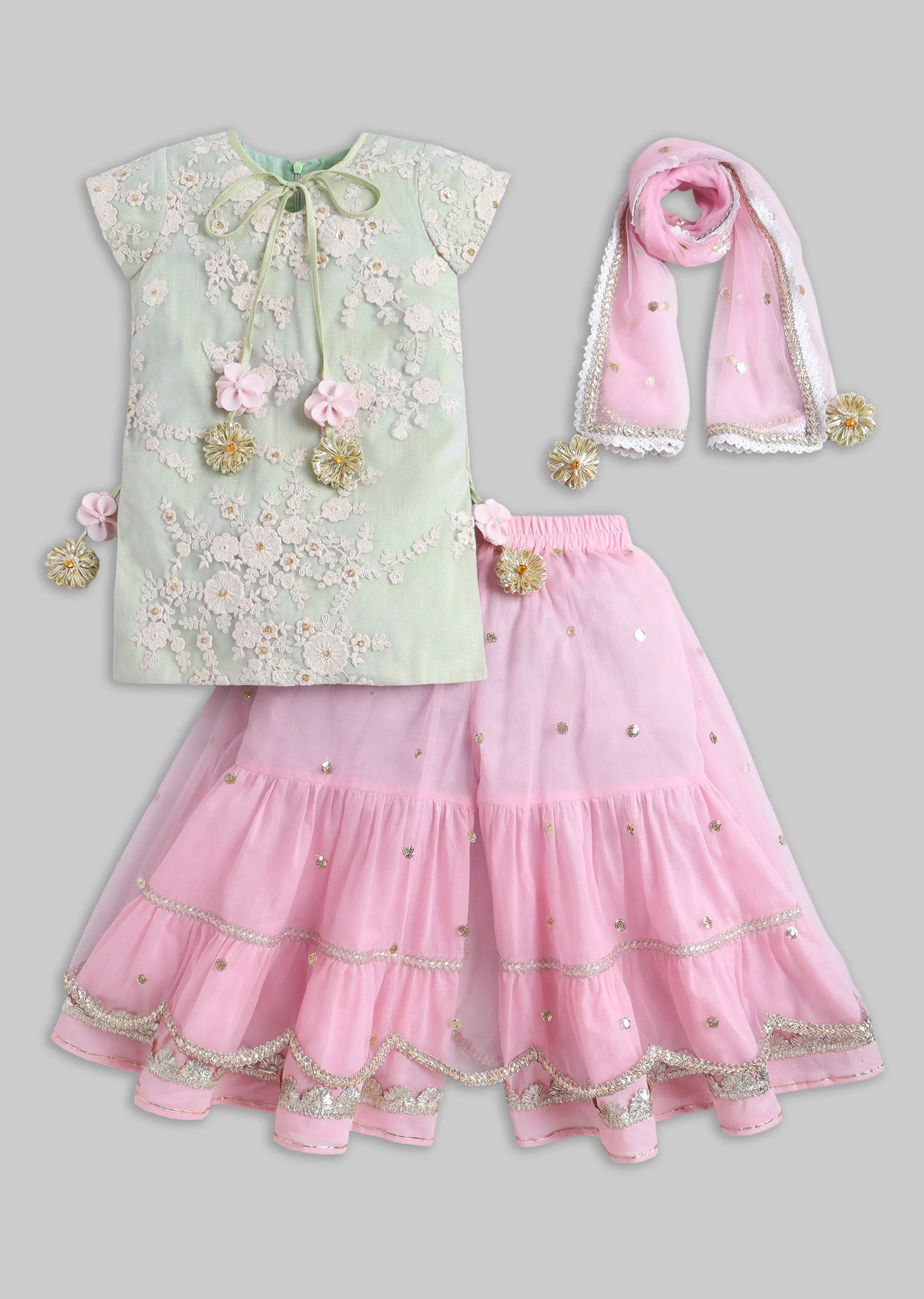 Green And Pink Colorblock Salwar Kameez Set with Dupatta