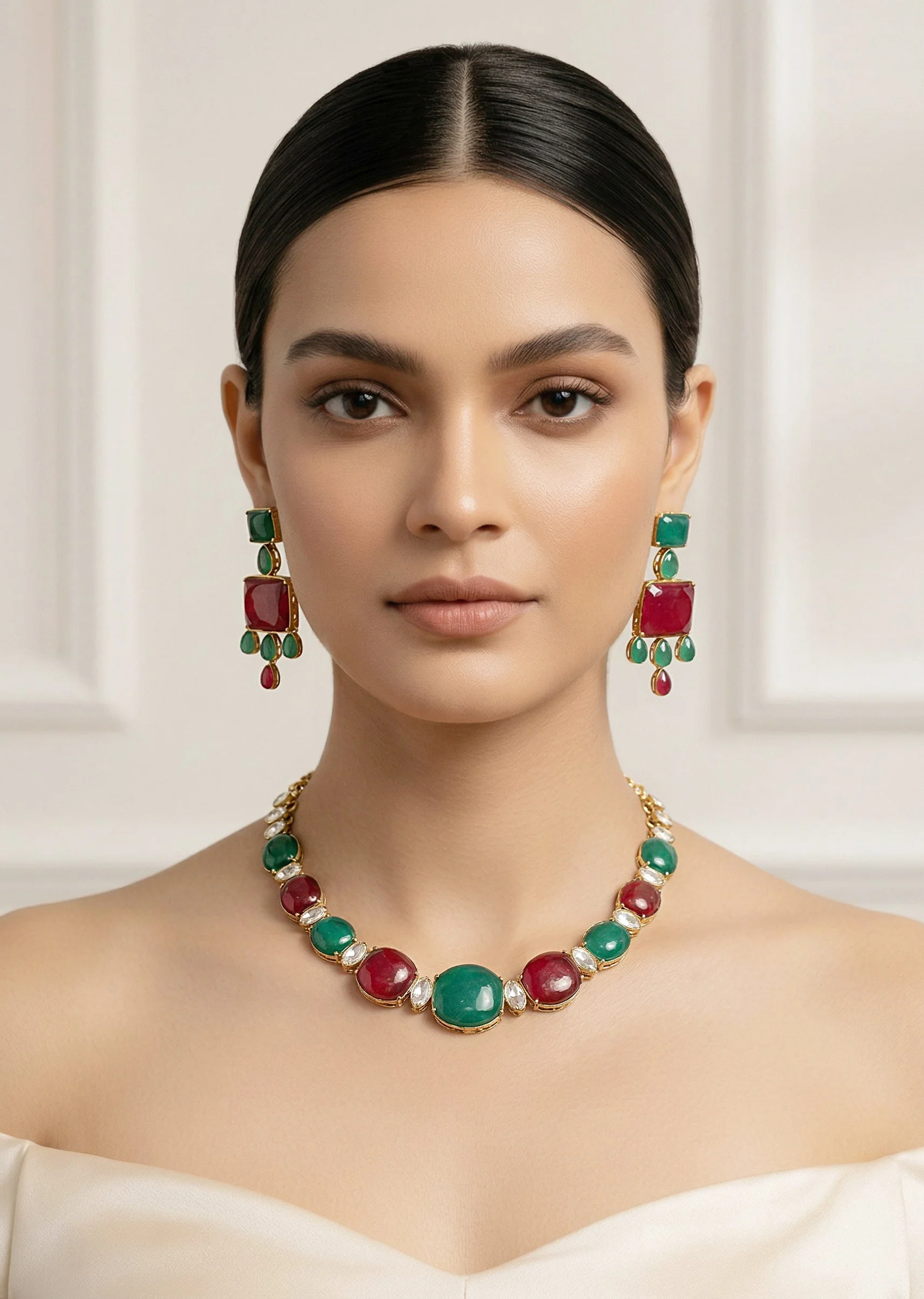 Green And Red Contemporary Choker Necklace Set With Earrings