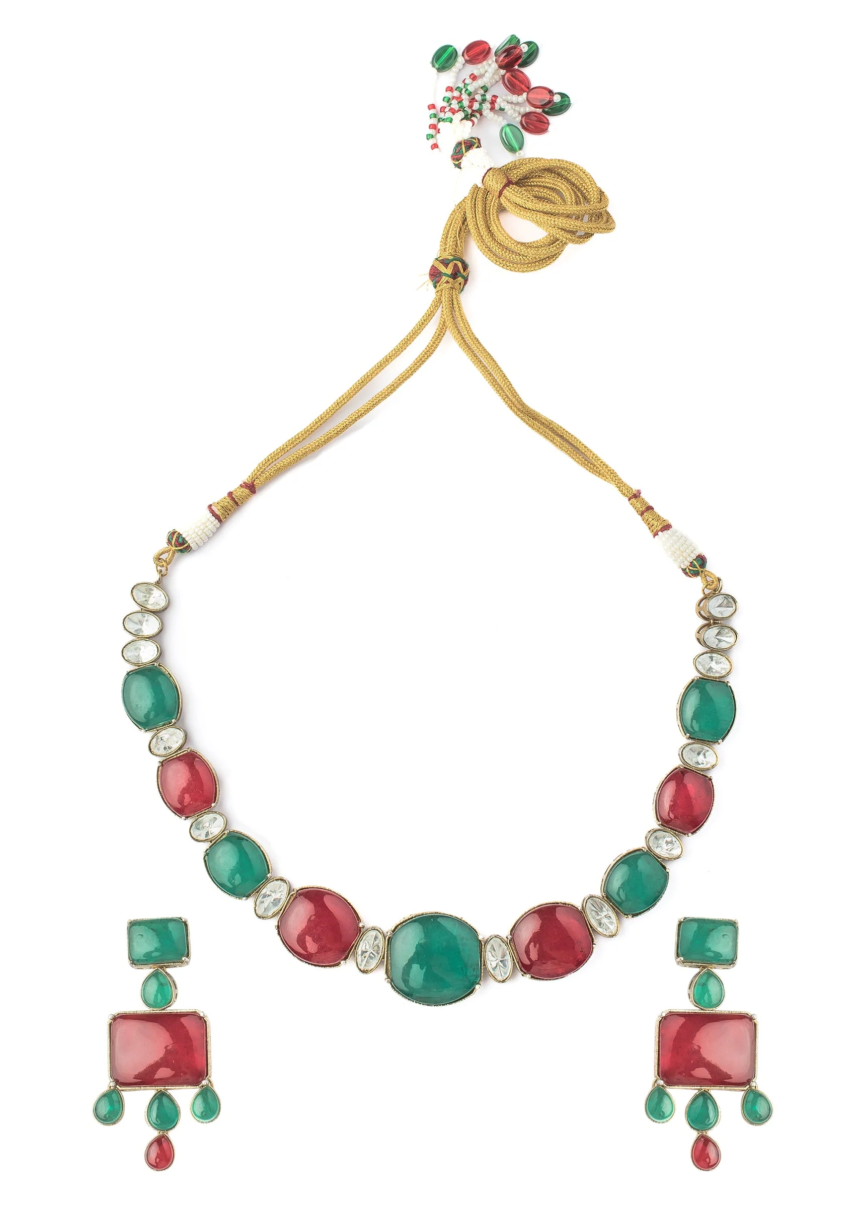 Green And Red Contemporary Choker Necklace Set With Earrings - Image 2