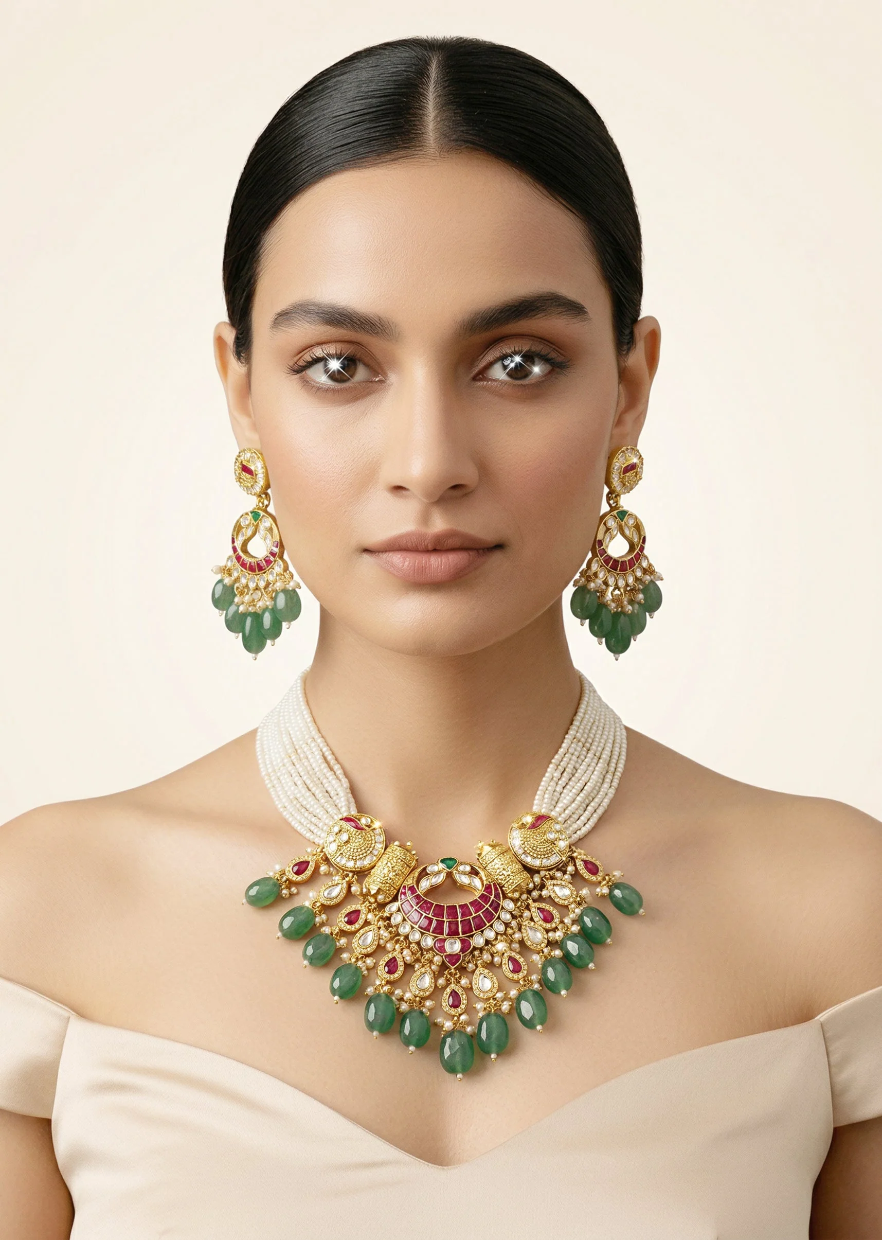 Green And Red Gemstones With Gold Plated Kundan Polki Necklace Earrings Set
