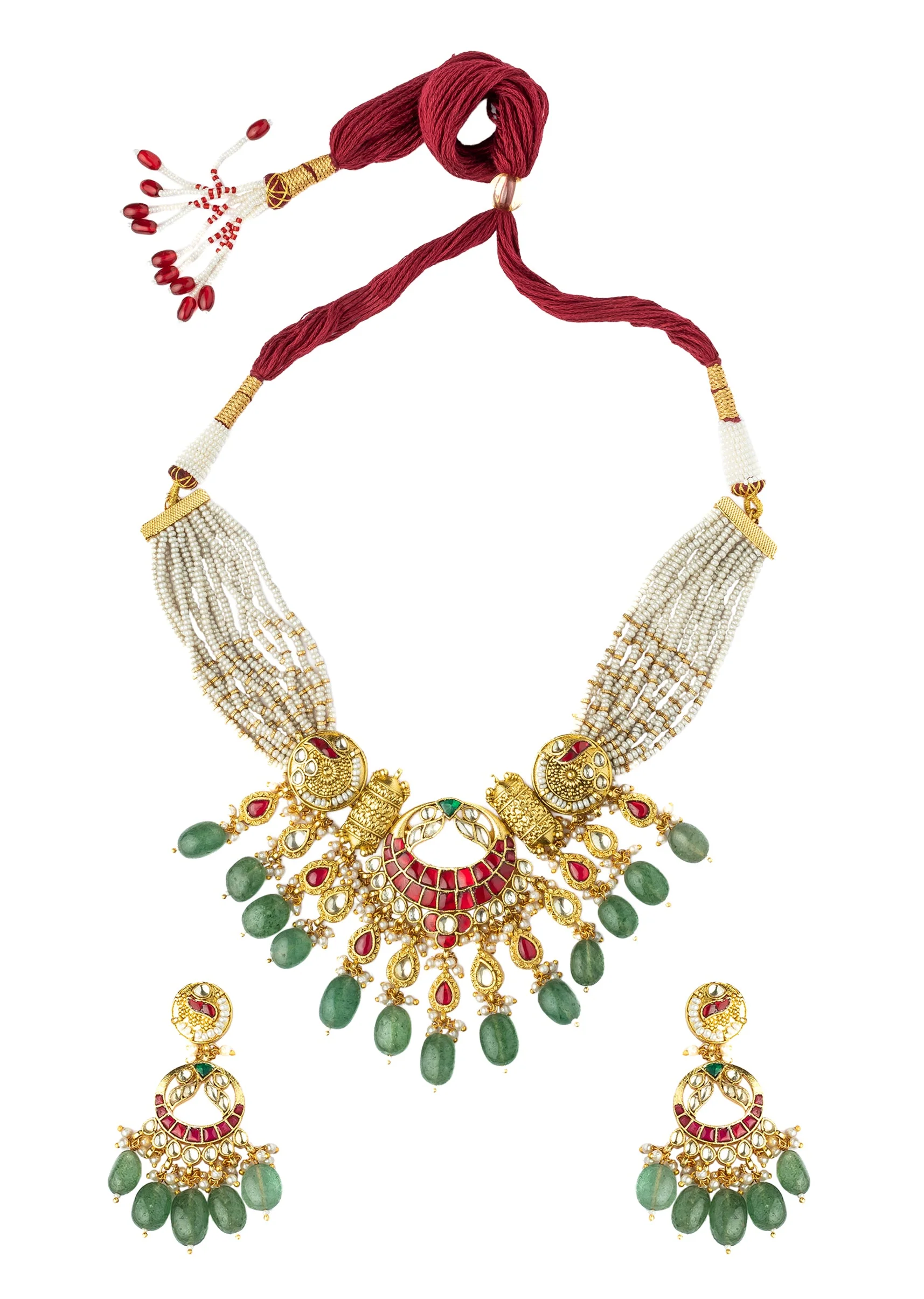 Green And Red Gemstones With Gold Plated Kundan Polki Necklace Earrings Set - Image 2