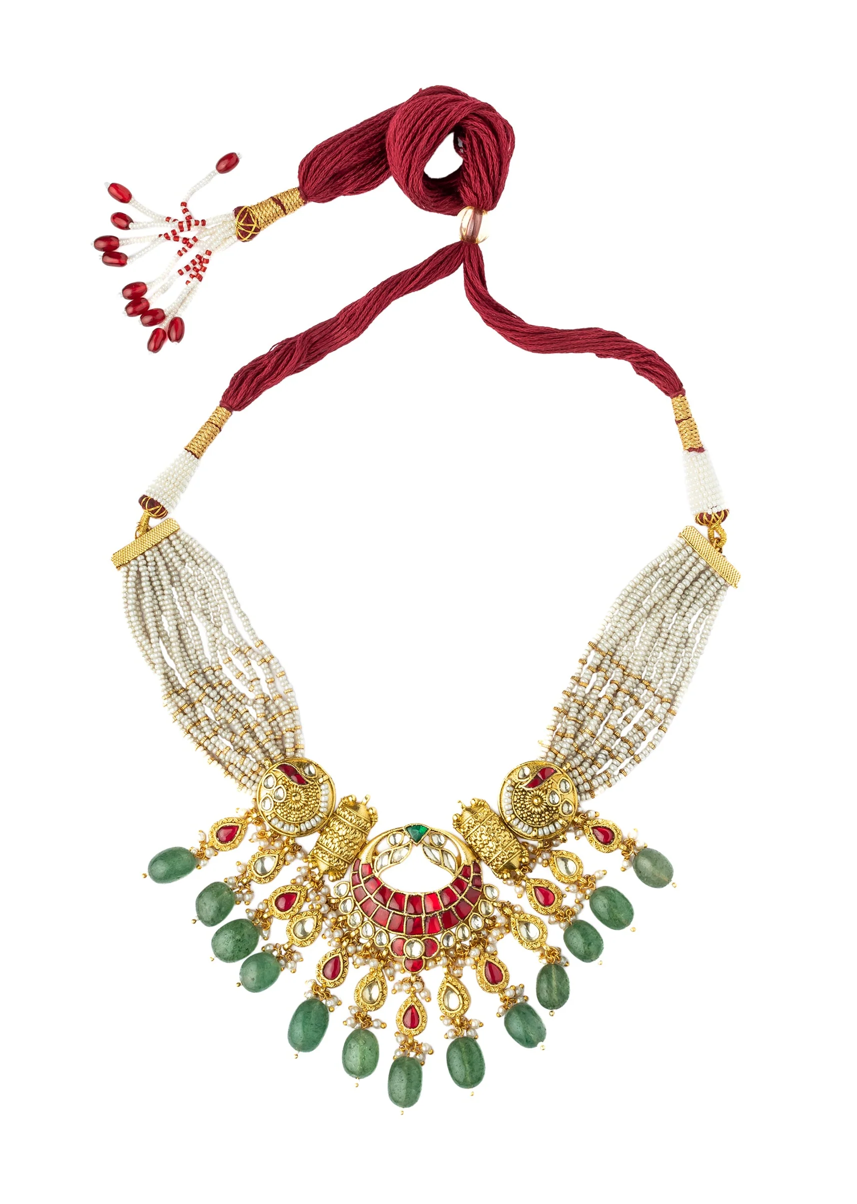 Green And Red Gemstones With Gold Plated Kundan Polki Necklace Earrings Set - Image 3