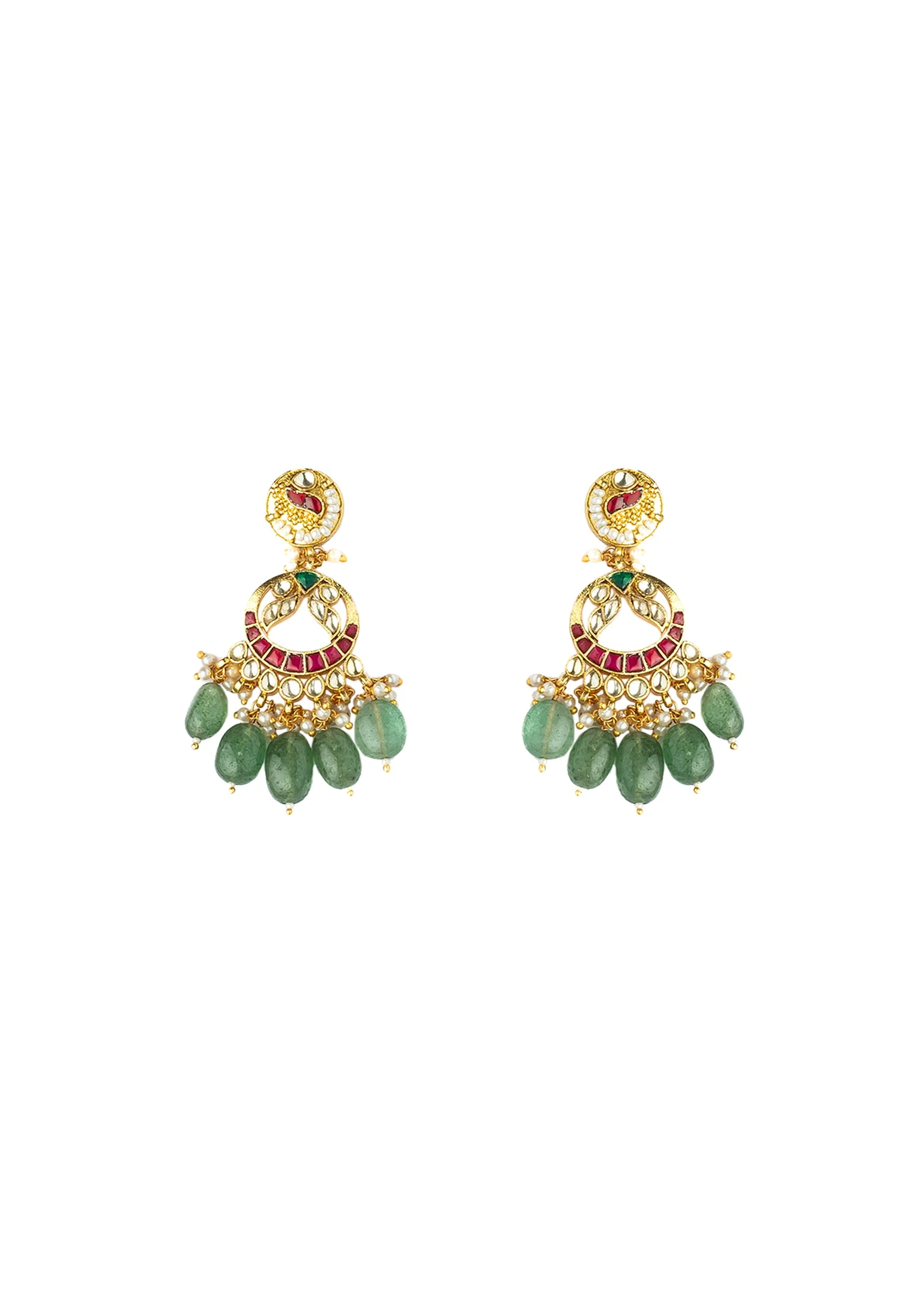 Green And Red Gemstones With Gold Plated Kundan Polki Necklace Earrings Set - Image 4