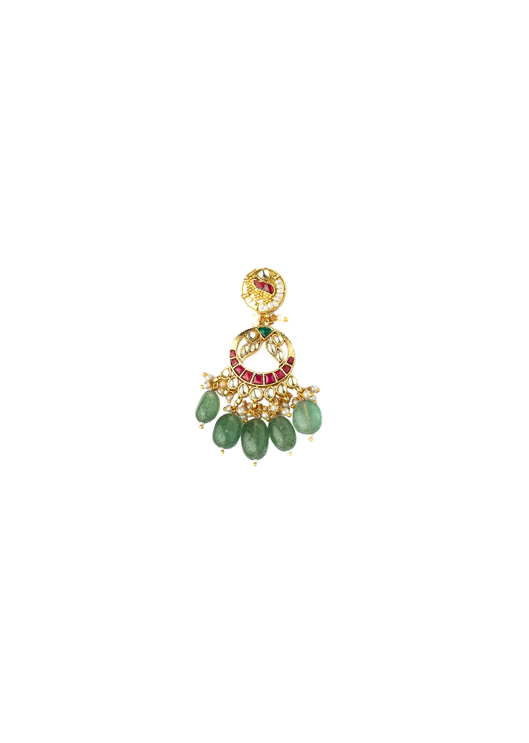 Green And Red Gemstones With Gold Plated Kundan Polki Necklace Earrings Set - Image 5