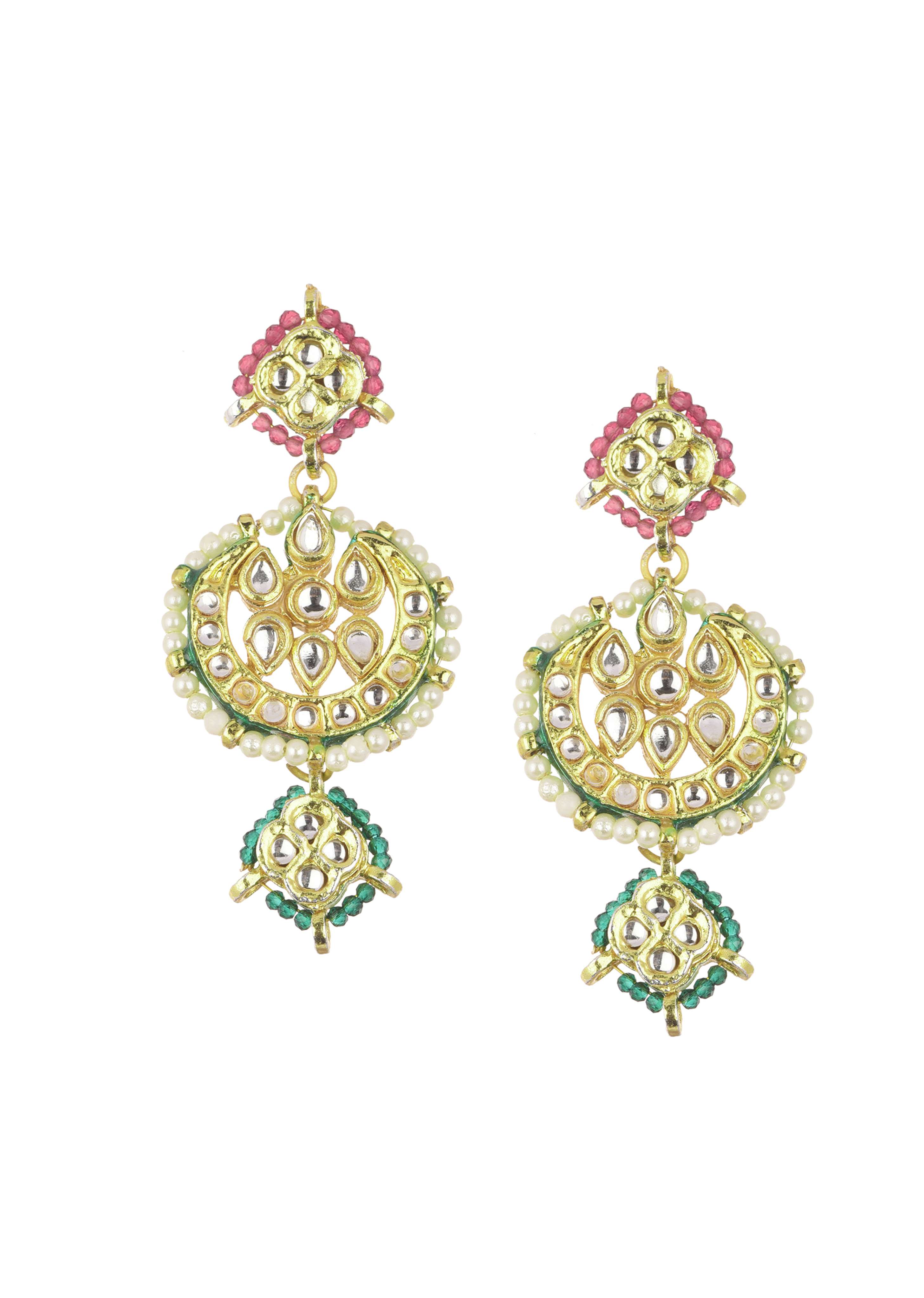 Green And Red Layered Kundan Necklace Set In Mix Metal - Image 2