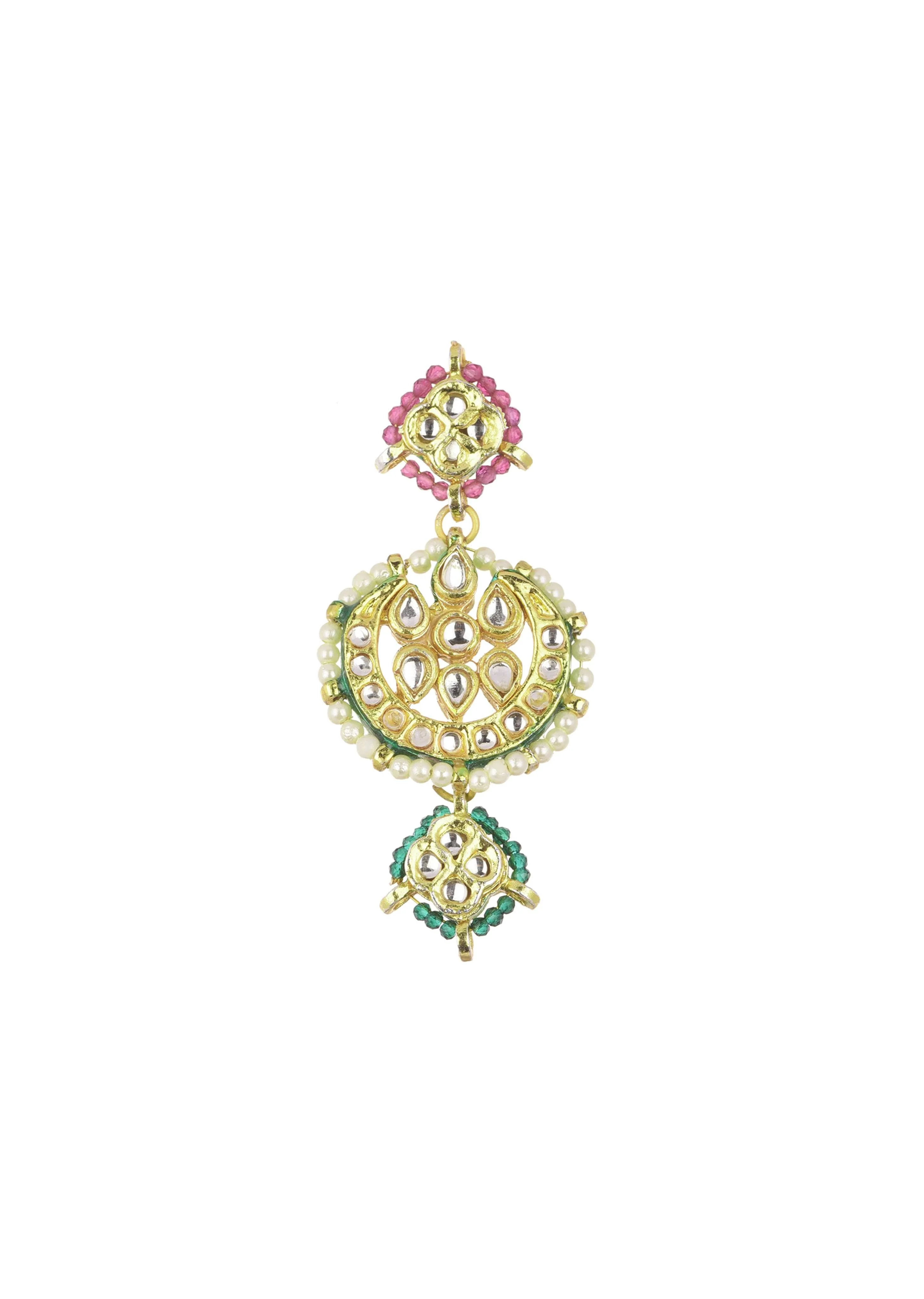 Green And Red Layered Kundan Necklace Set In Mix Metal - Image 4