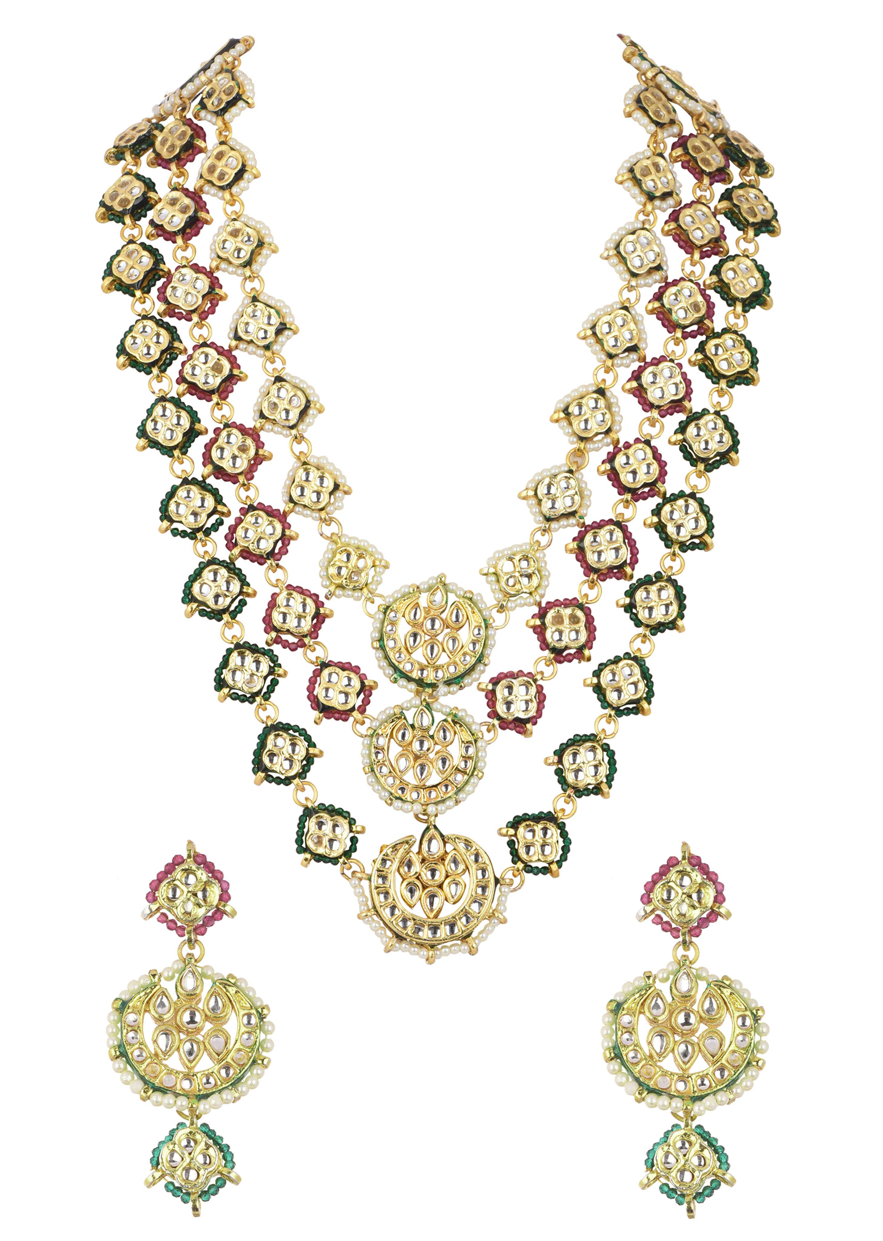 Green And Red Layered Kundan Necklace Set In Mix Metal - Image 6