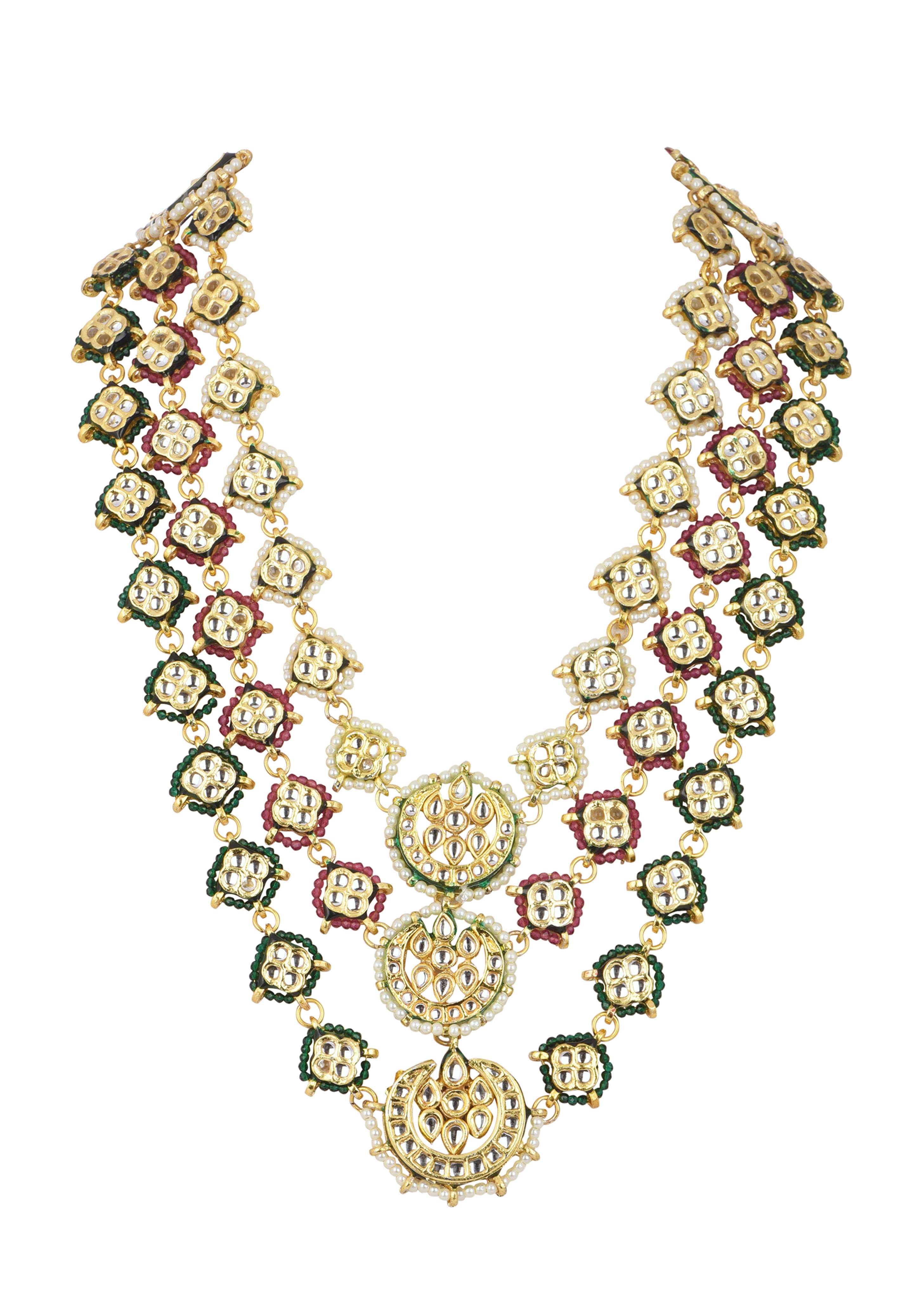 Green And Red Layered Kundan Necklace Set In Mix Metal - Image 7