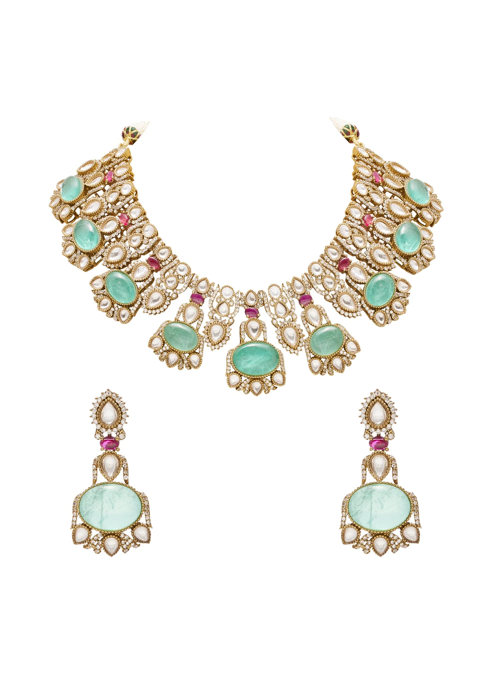 Green And Red Stone Embellished Necklace Set - Image 2