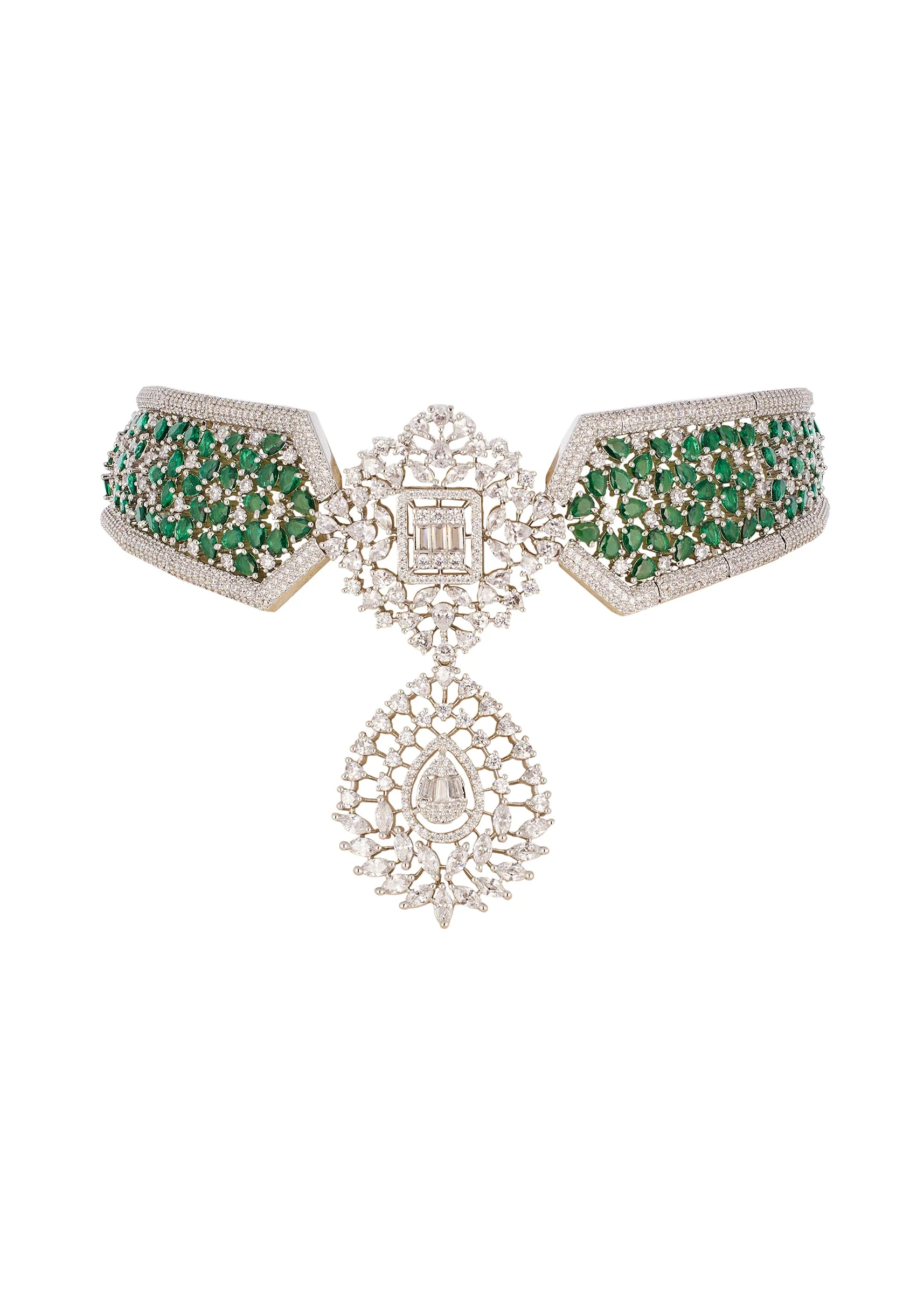 Green and Silver Anti Tarnish Rhodium Plated Long Necklace Set with CZ Diamond - Image 2
