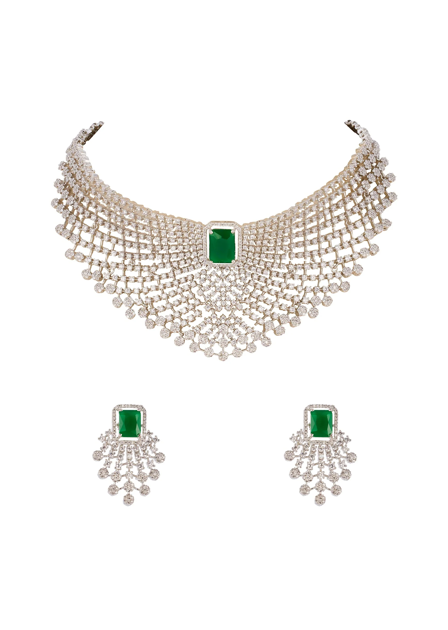 Green and Silver Rhodium Plated Necklace Set with CZ Diamond - Image 2