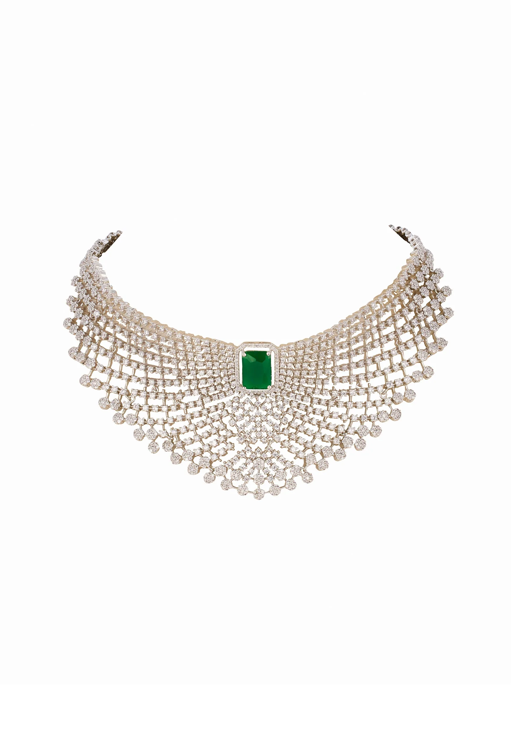 Green and Silver Rhodium Plated Necklace Set with CZ Diamond - Image 3