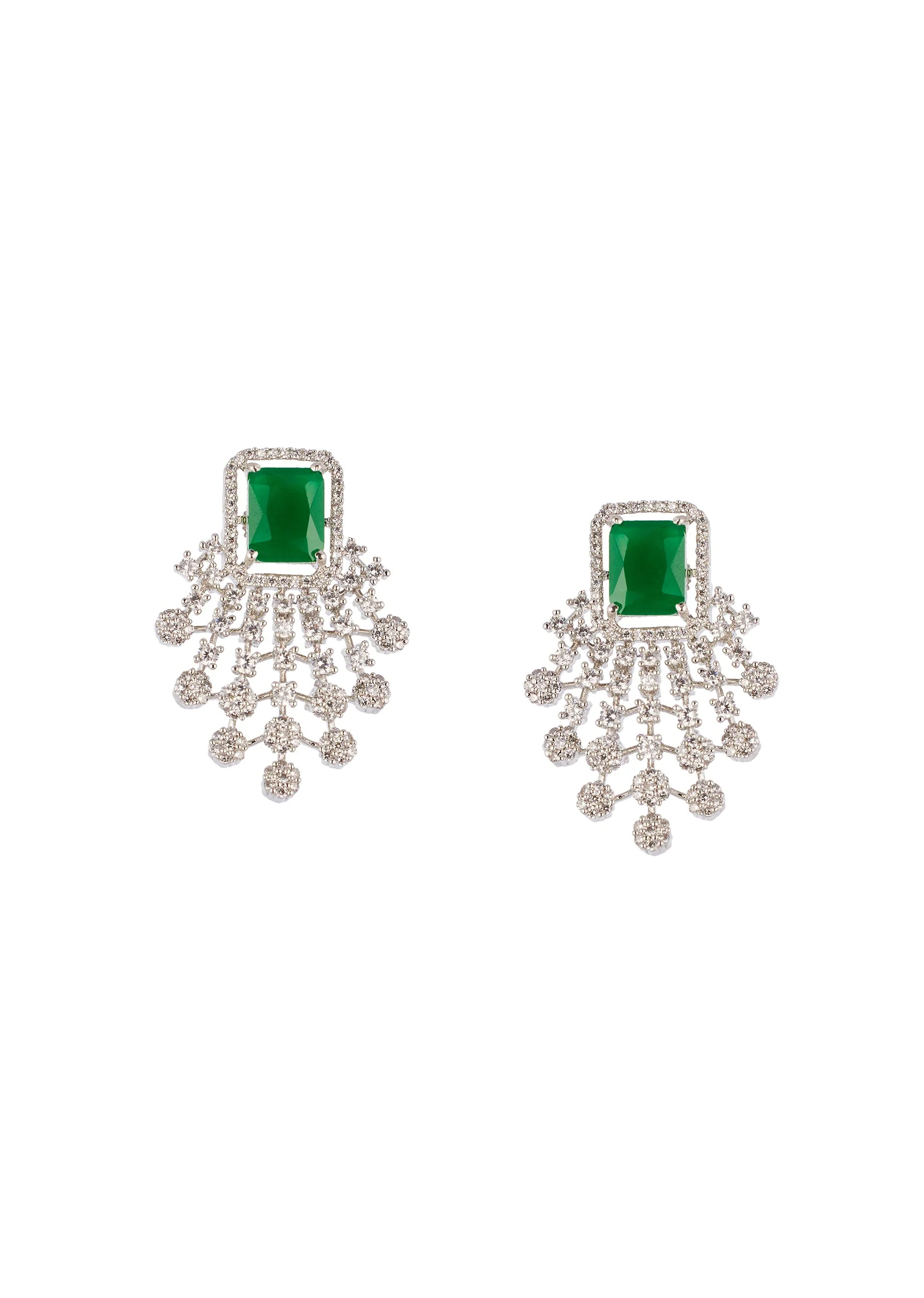 Green and Silver Rhodium Plated Necklace Set with CZ Diamond - Image 4