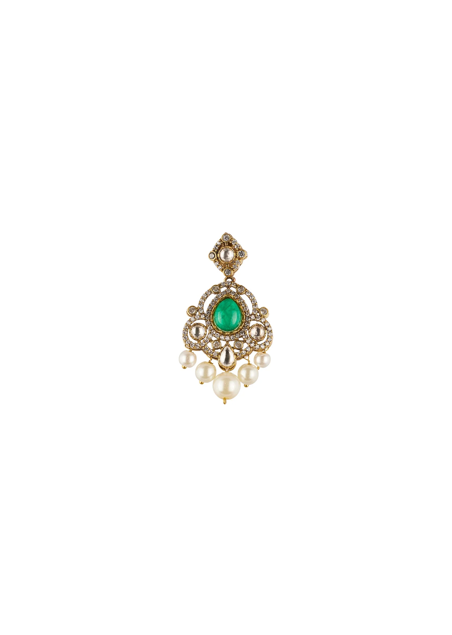 Green and White Traditional Necklace Set in Kundan with Faux Pearls - Image 4