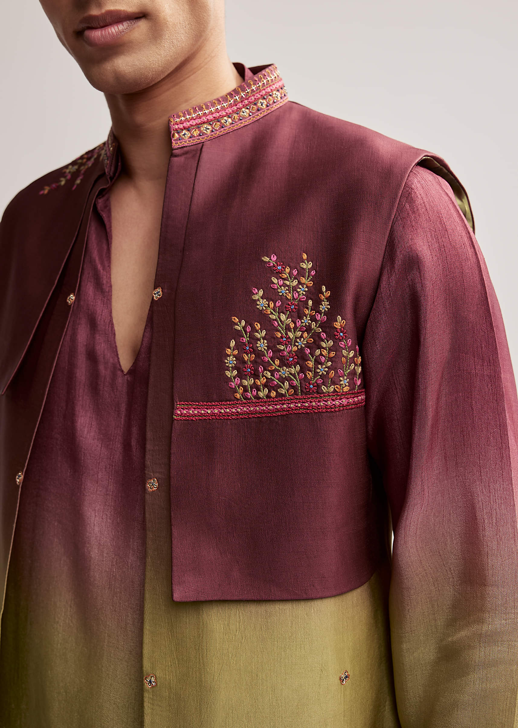 Green And Wine Ombre Silk Kurta Jacket Set For Men With Embroidery - Image 3