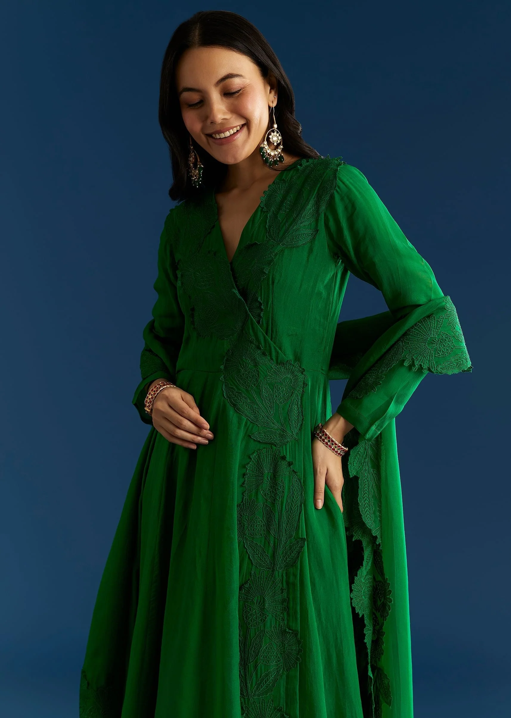 Green Angrakha Style Anarkali Suit With Resham Work - Image 3