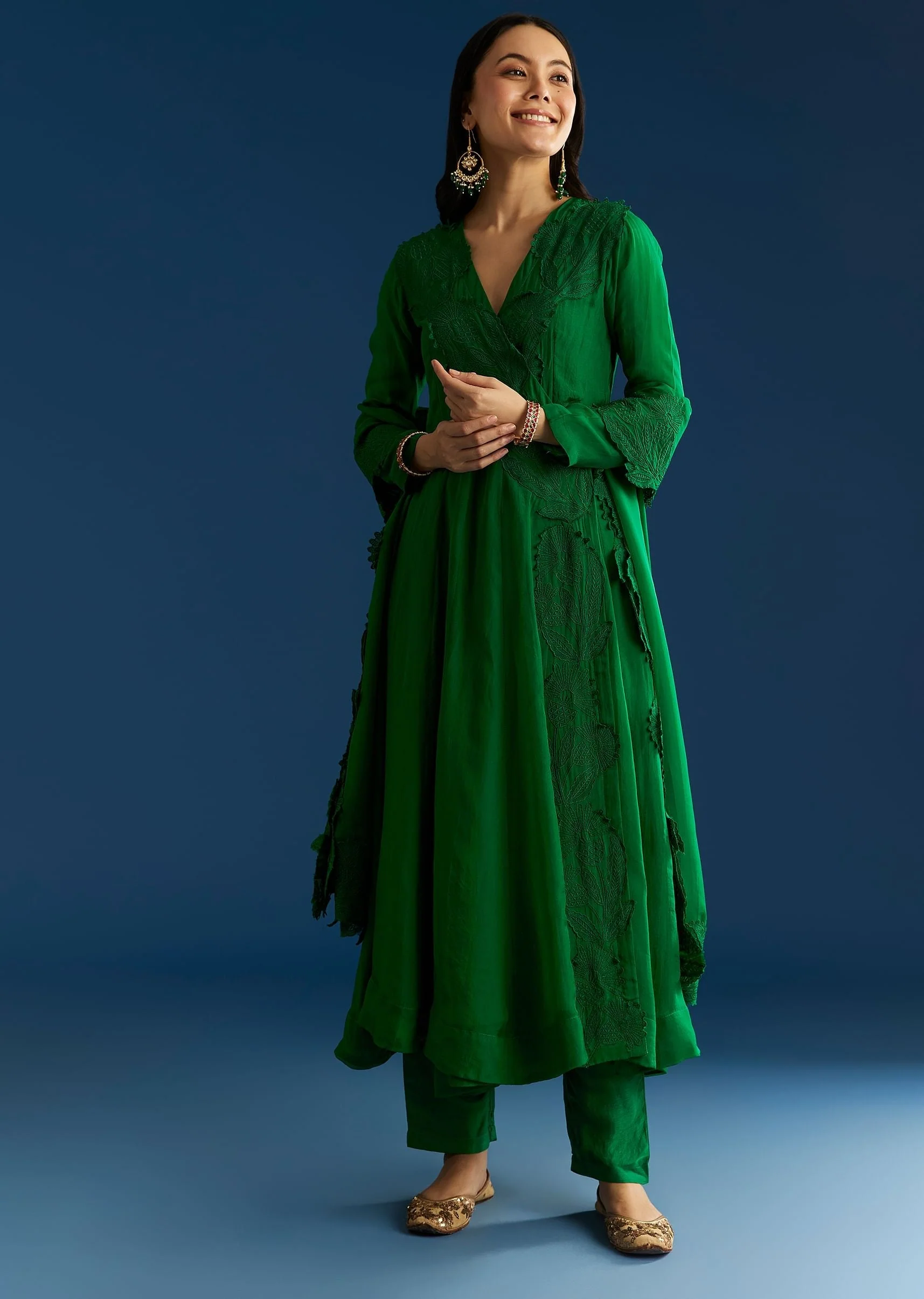 Green Angrakha Style Anarkali Suit With Resham Work - Image 4