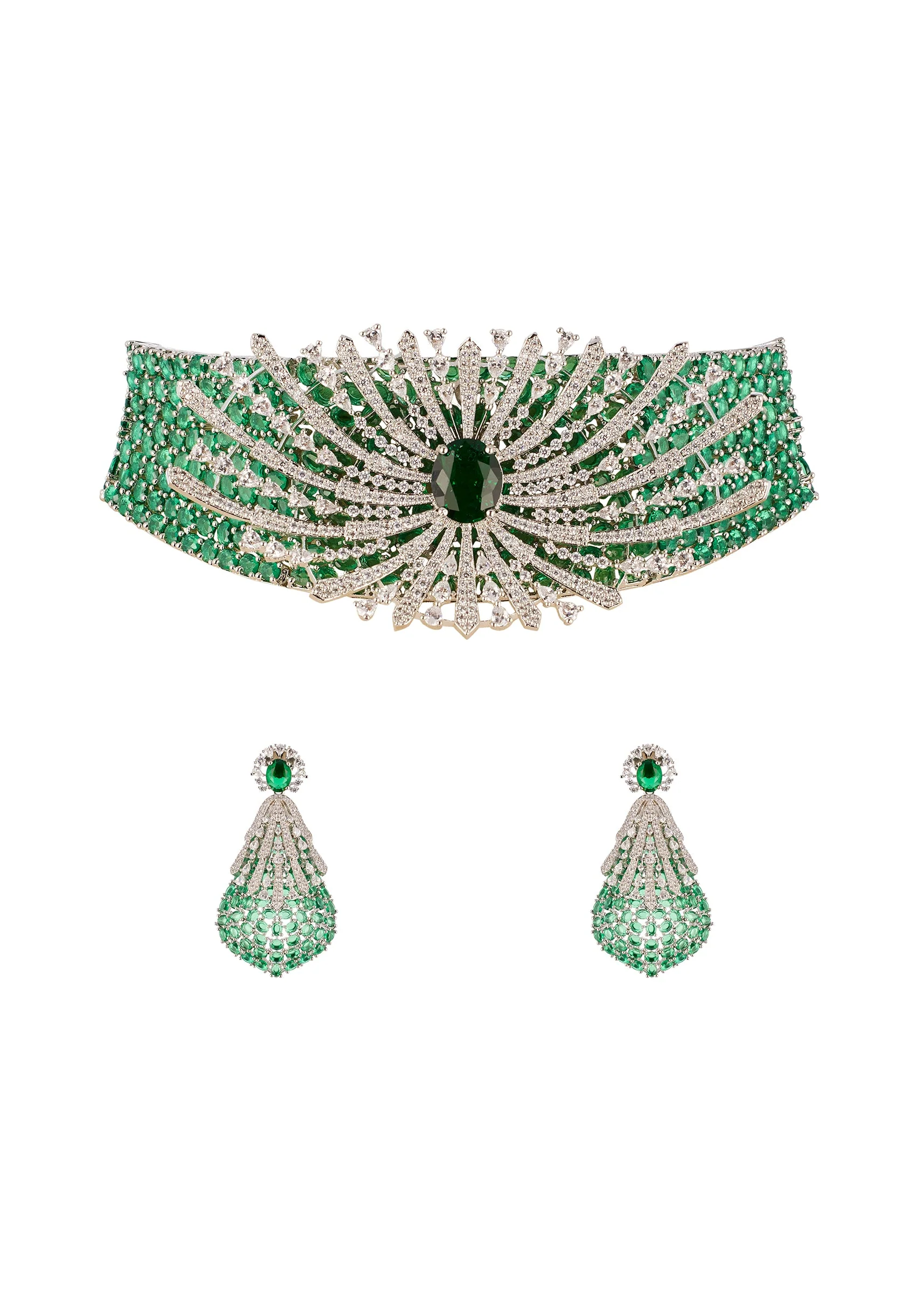 Green Anti Tarnish Finish Rhodium Plated Brass Long Necklace Set with CZ Diamond
