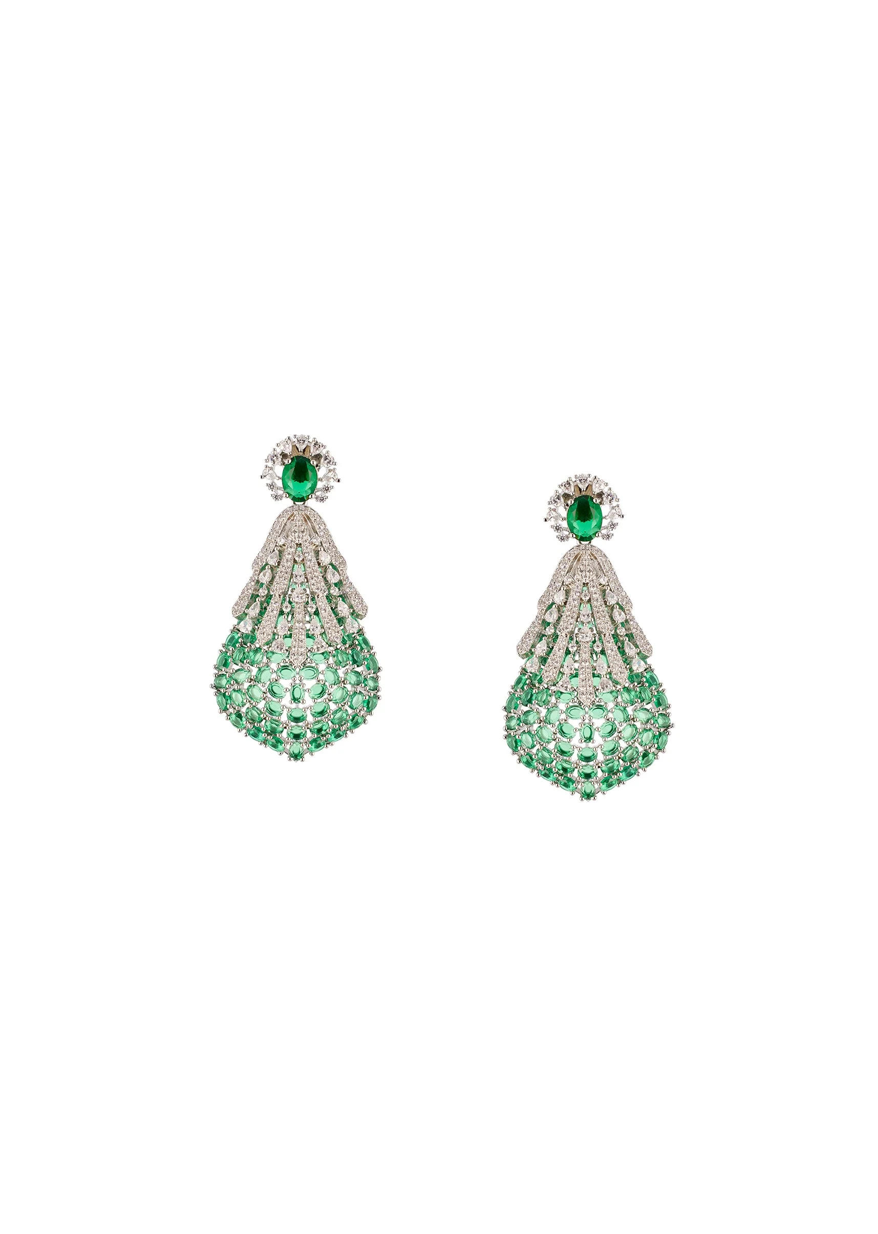 Green Anti Tarnish Finish Rhodium Plated Brass Long Necklace Set with CZ Diamond - Image 3